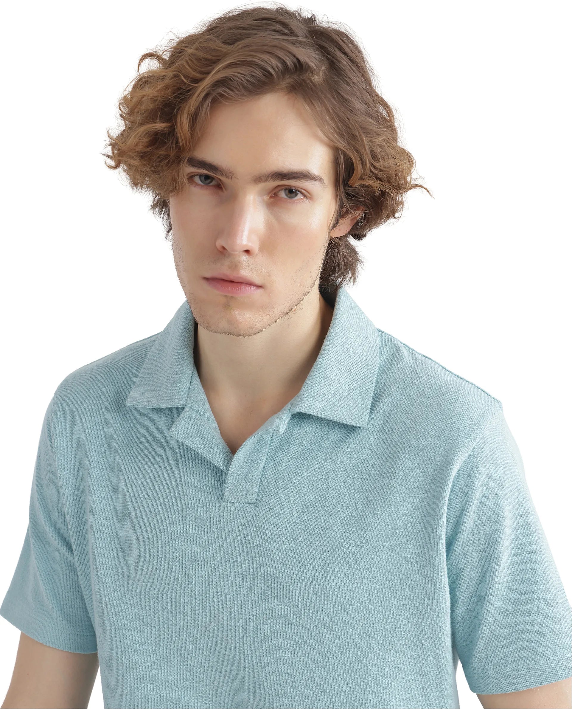 Rare Rabbit Men Merko Turq Cotton Fabric Short Sleeve Collared Neck Button Closure Plain Polo