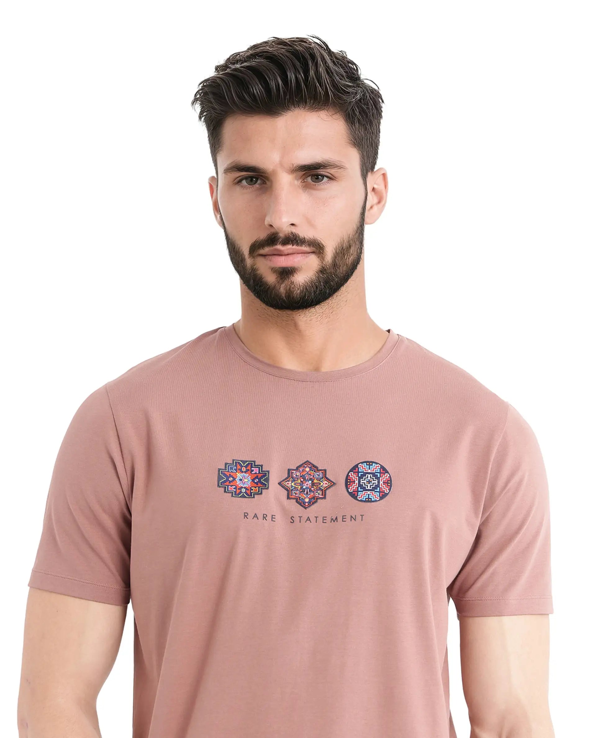 Rare Rabbit Men's Merlo Dusky Brown Cotton Fabric Half Sleeve Crew Neck Regular Fit Graphic Print T-Shirt