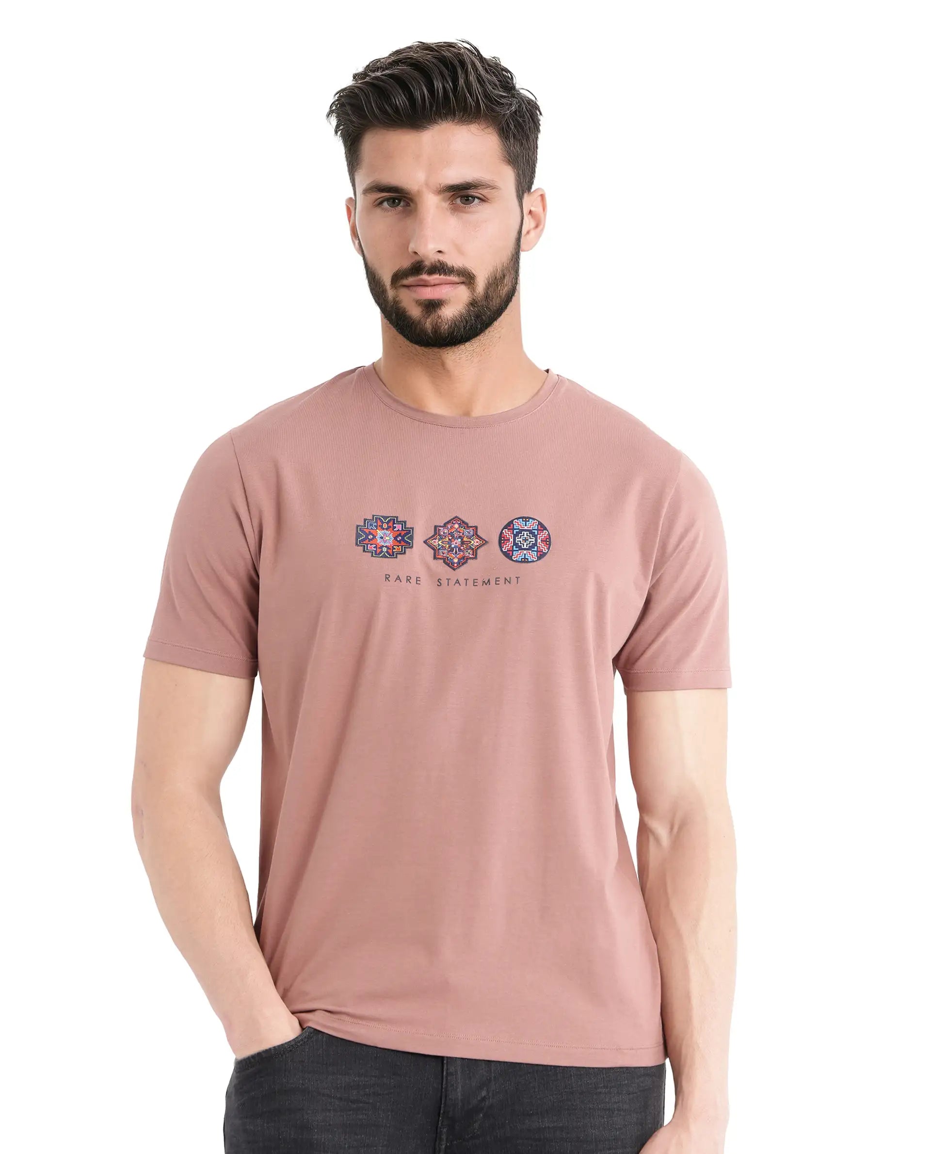 Rare Rabbit Men's Merlo Dusky Brown Cotton Fabric Half Sleeve Crew Neck Regular Fit Graphic Print T-Shirt