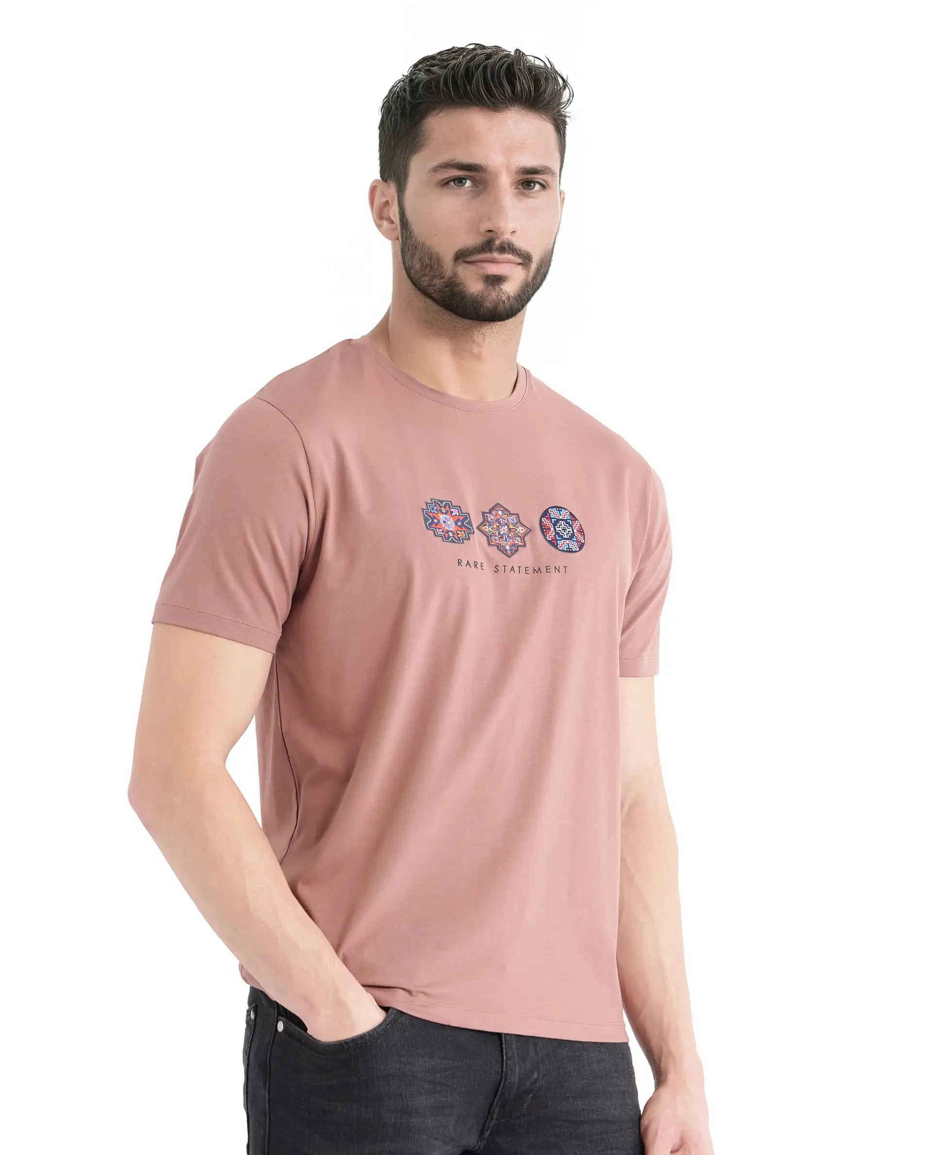 Rare Rabbit Men's Merlo Dusky Brown Cotton Fabric Half Sleeve Crew Neck Regular Fit Graphic Print T-Shirt