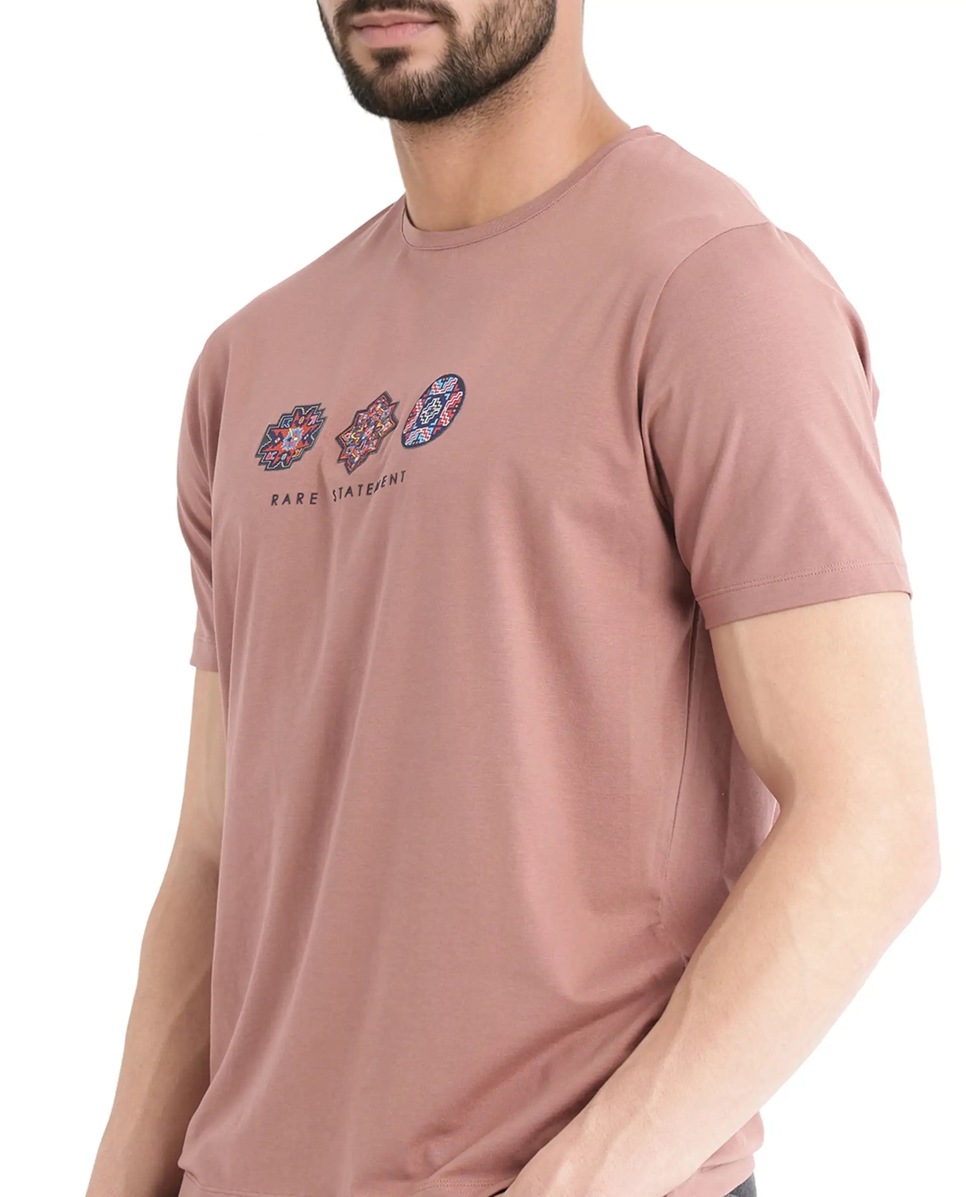 Rare Rabbit Men's Merlo Dusky Brown Cotton Fabric Half Sleeve Crew Neck Regular Fit Graphic Print T-Shirt