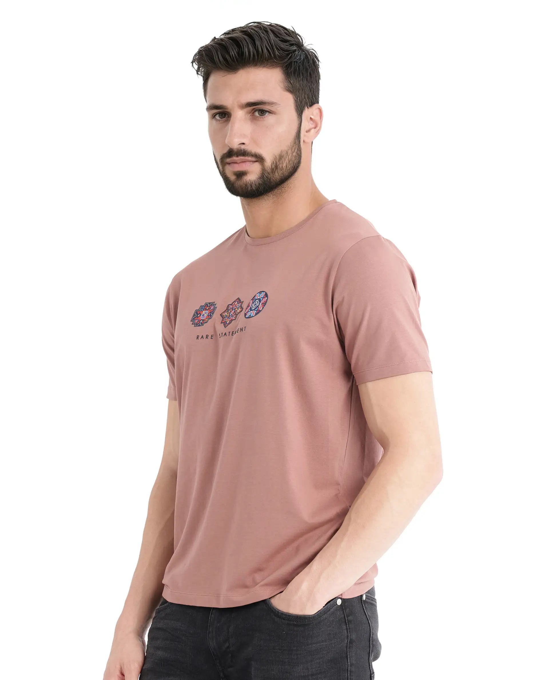 Rare Rabbit Men's Merlo Dusky Brown Cotton Fabric Half Sleeve Crew Neck Regular Fit Graphic Print T-Shirt