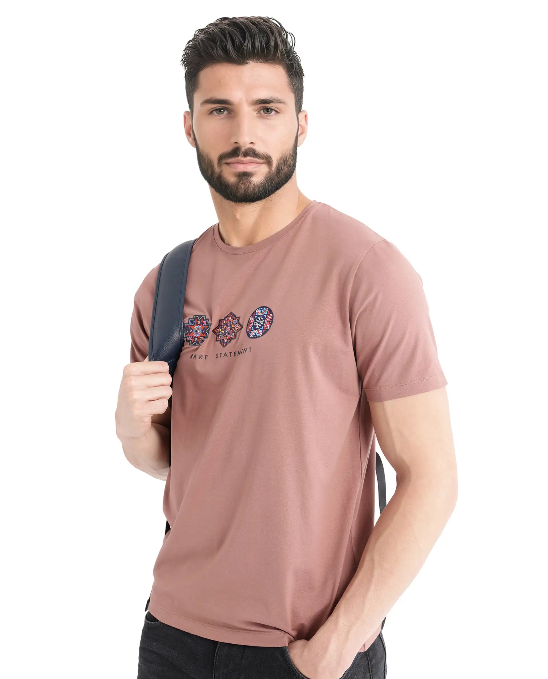 Rare Rabbit Men's Merlo Dusky Brown Cotton Fabric Half Sleeve Crew Neck Regular Fit Graphic Print T-Shirt