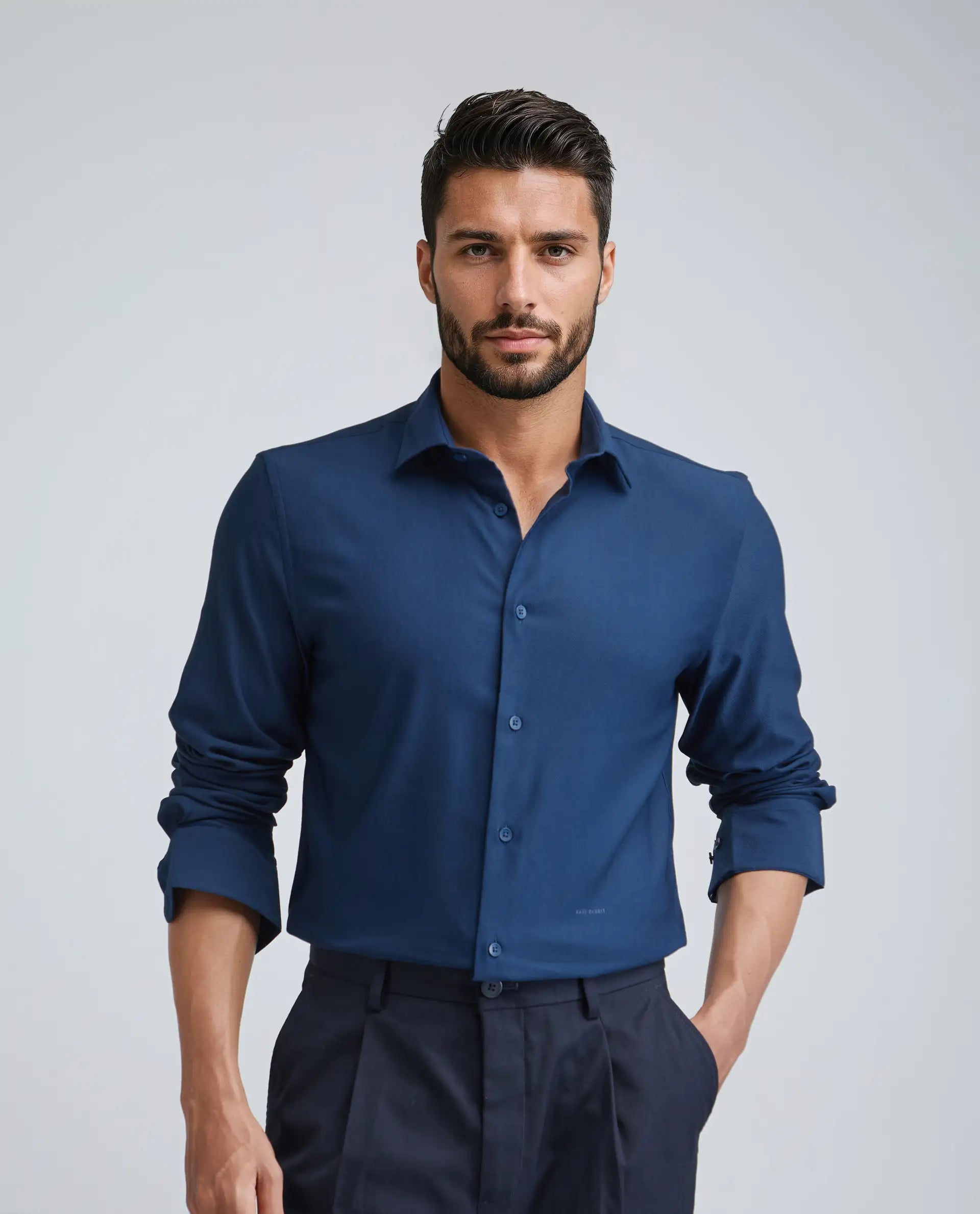 Rare Rabbit Men's Mero-25 Dark Blue Viscose Plain Regular Fit Full Sleeve Collared Shirt