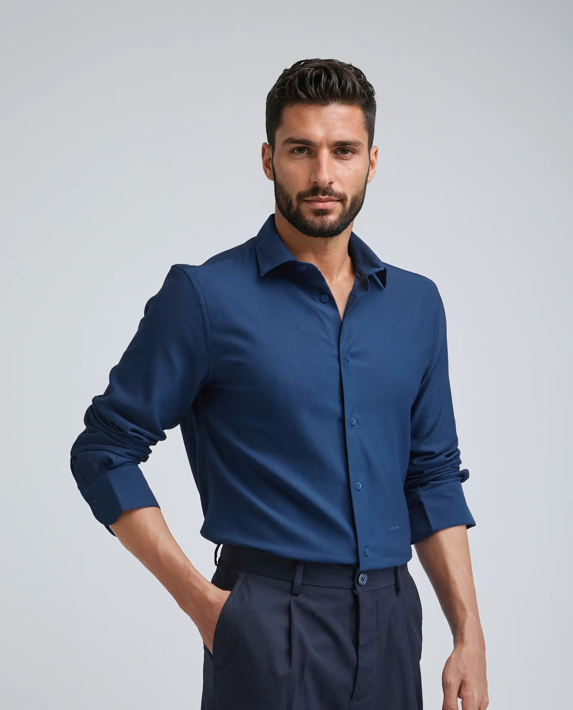 Rare Rabbit Men's Mero-25 Dark Blue Viscose Plain Regular Fit Full Sleeve Collared Shirt