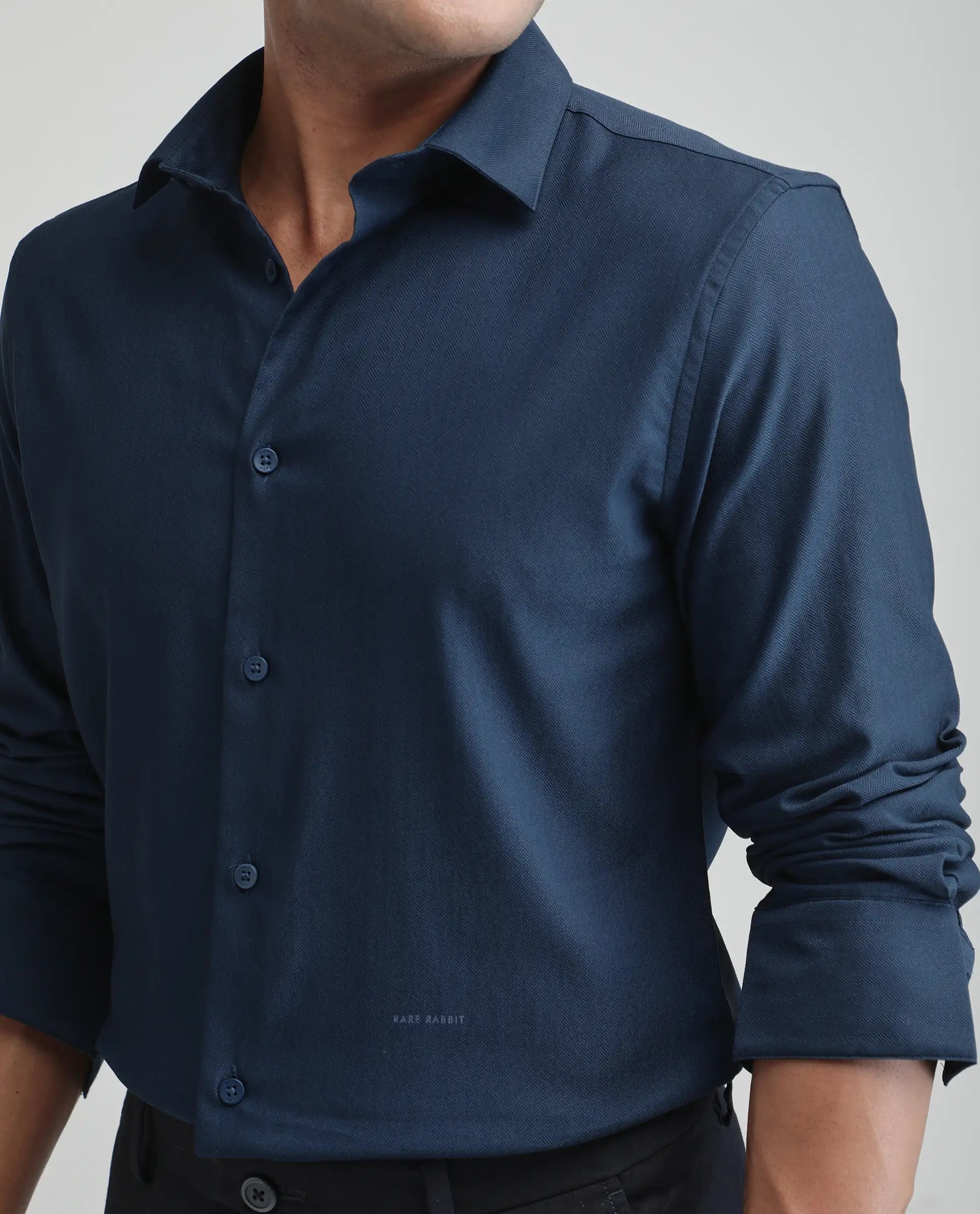 Rare Rabbit Men's Mero-25 Dark Blue Viscose Plain Regular Fit Full Sleeve Collared Shirt
