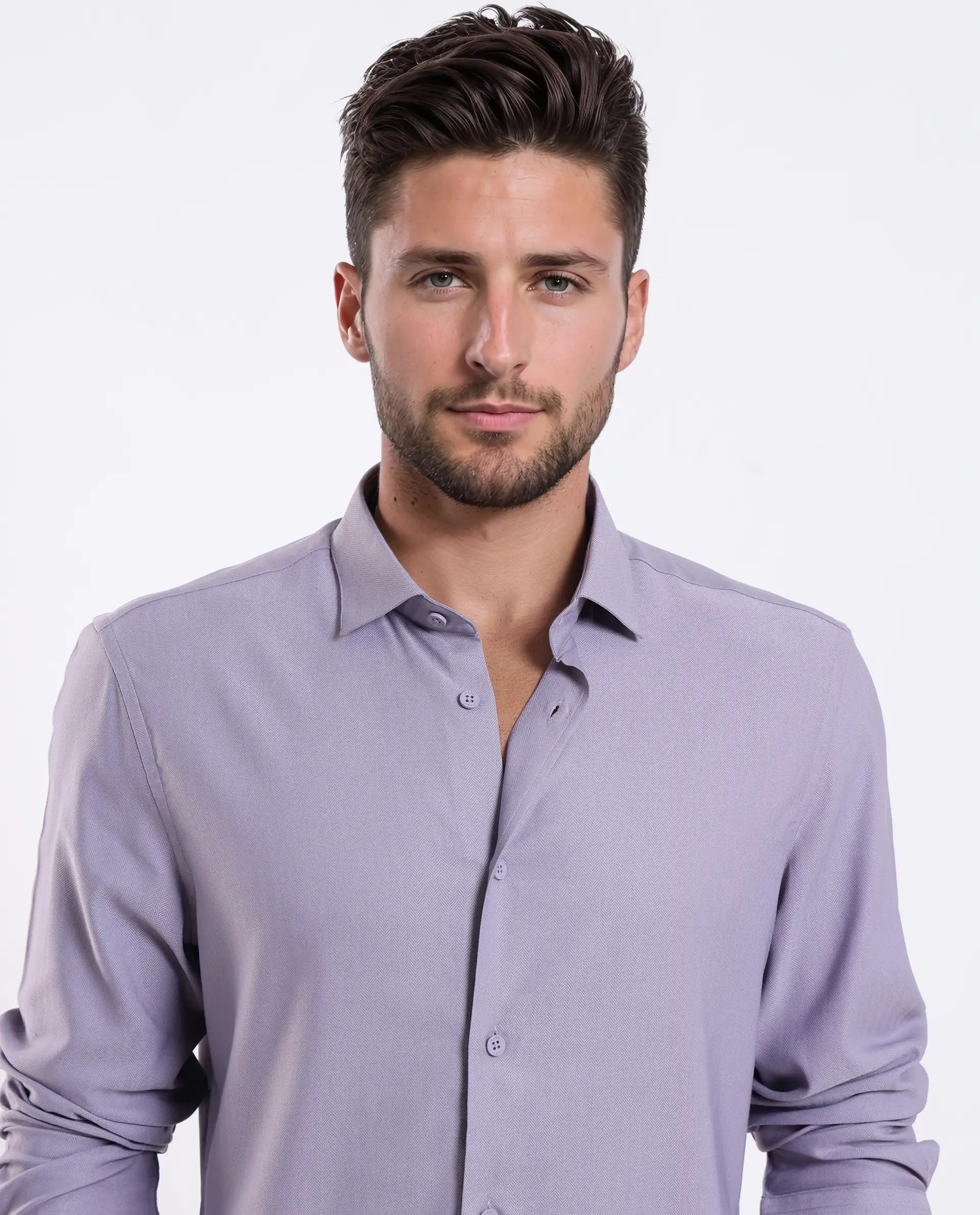 Rare Rabbit Men's Mero-25 Light Purple Viscose Striped Print Regular Fit Full Sleeve Collared Shirt