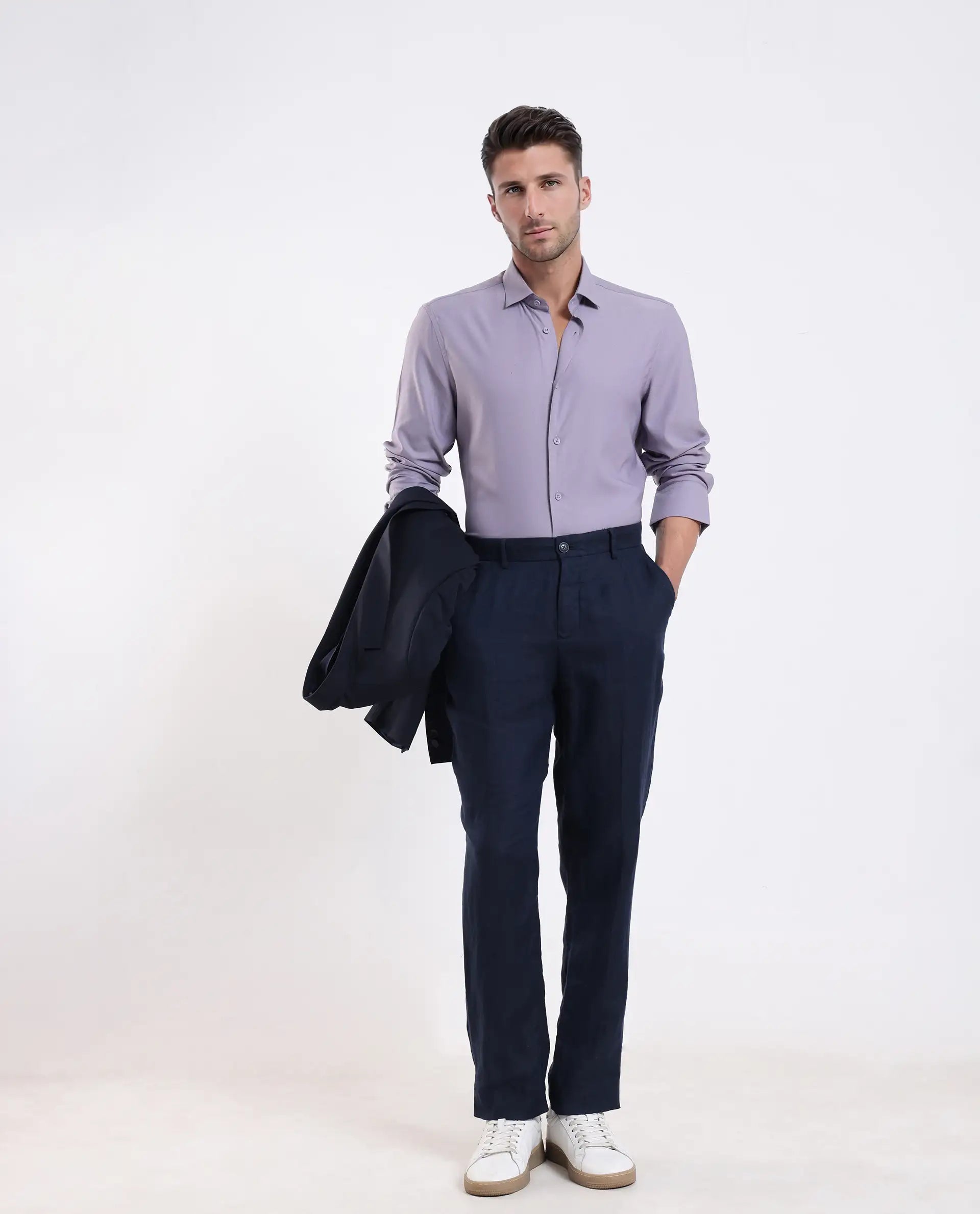 Rare Rabbit Men's Mero-25 Light Purple Viscose Striped Print Regular Fit Full Sleeve Collared Shirt