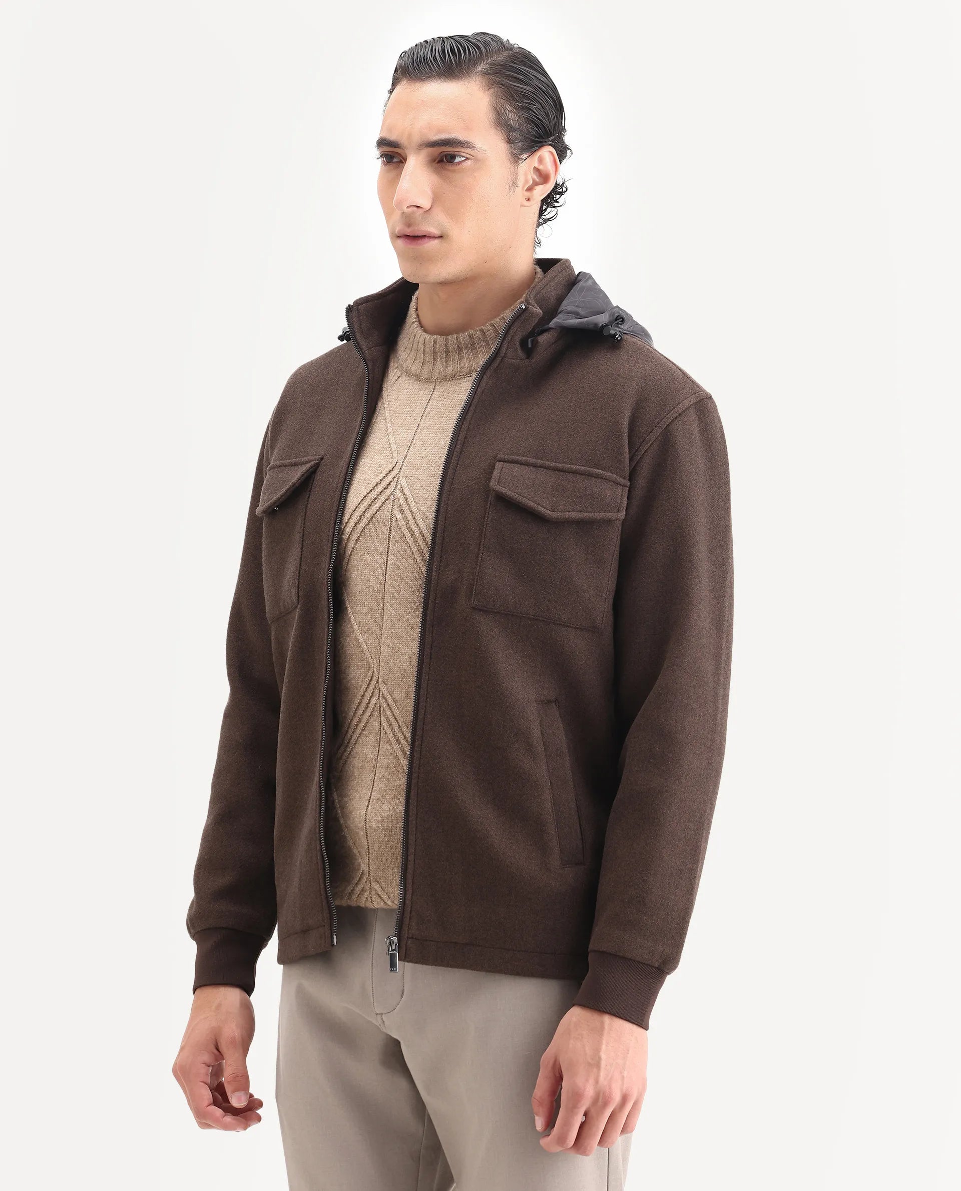 Rare Rabbit Men's Meron-25 Dark Brown Polyester Textured Relaxed Fit Full Sleeve Hooded Jacket