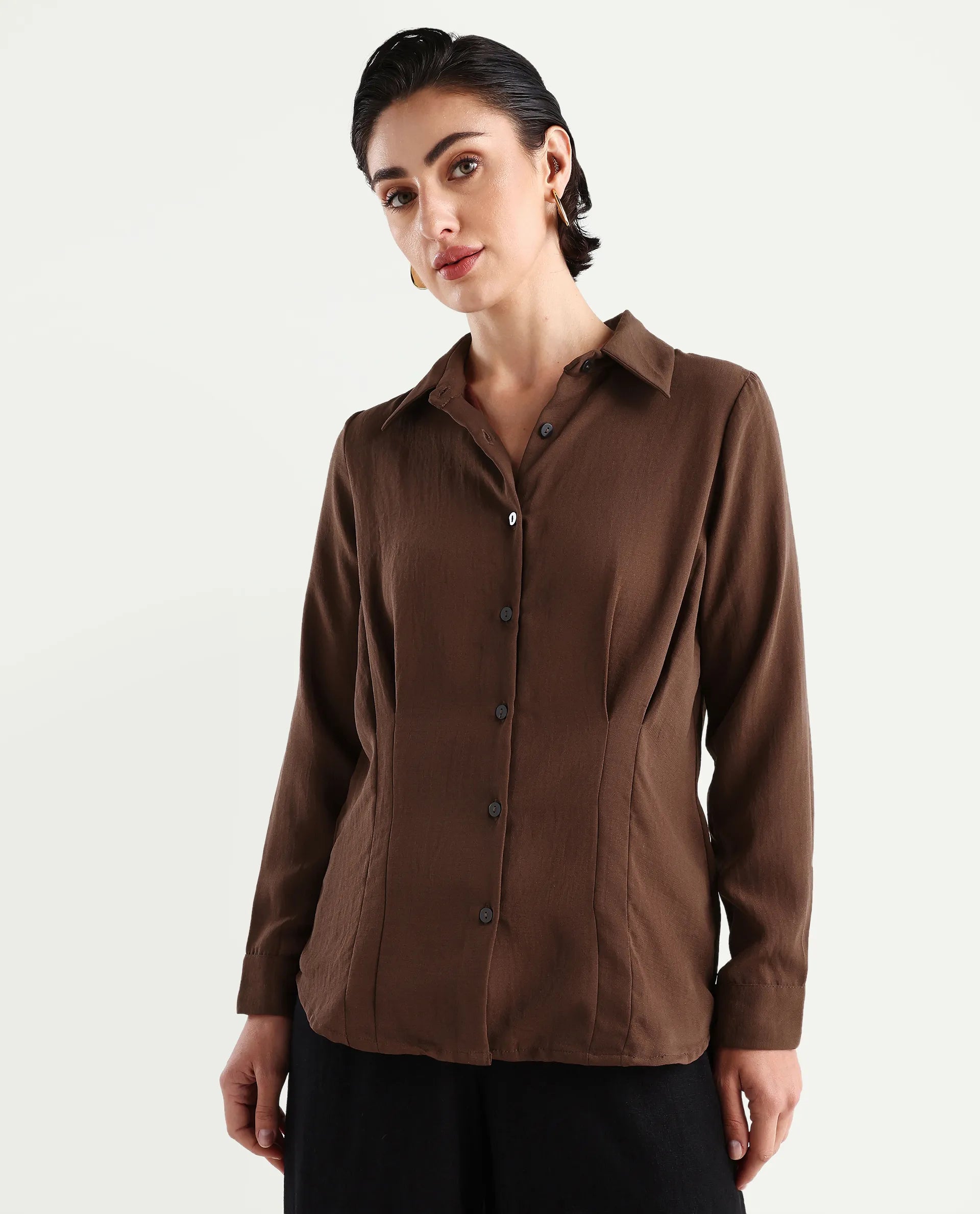 Rareism Women's Mersin Brown Polyester Spread Collar Plain Cuffed Sleeve Regular Fit Top
