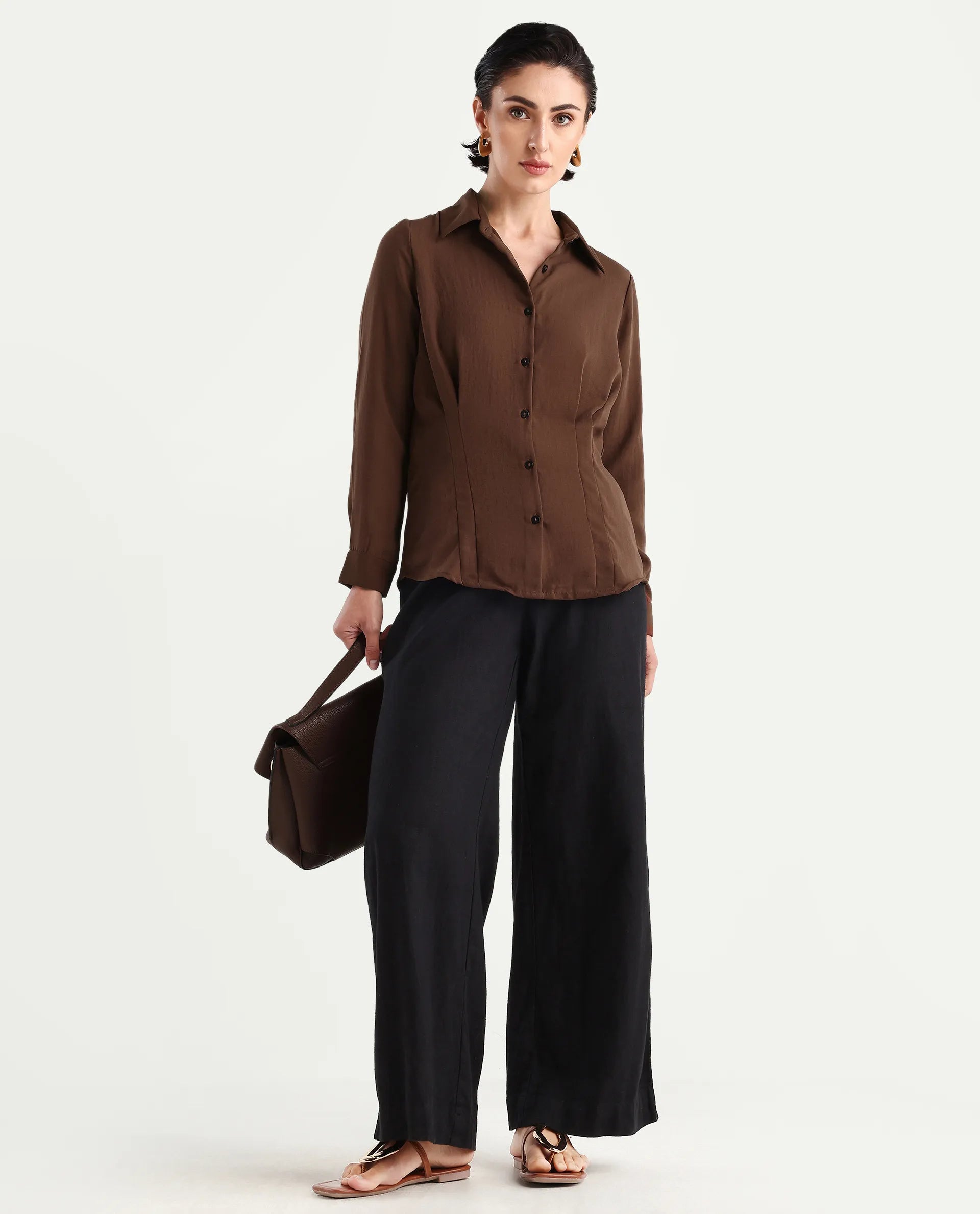 Rareism Women's Mersin Brown Polyester Spread Collar Plain Cuffed Sleeve Regular Fit Top