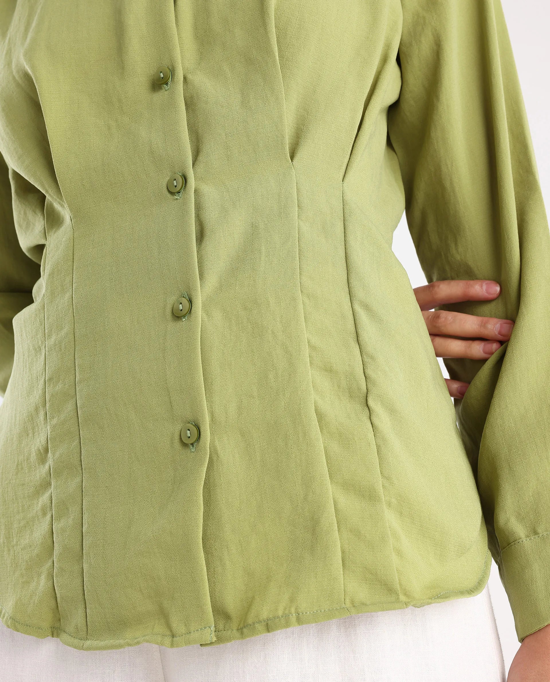 Rareism Women's Mersin Light Green Polyester Spread Collar Plain Cuffed Sleeve Regular Fit Top