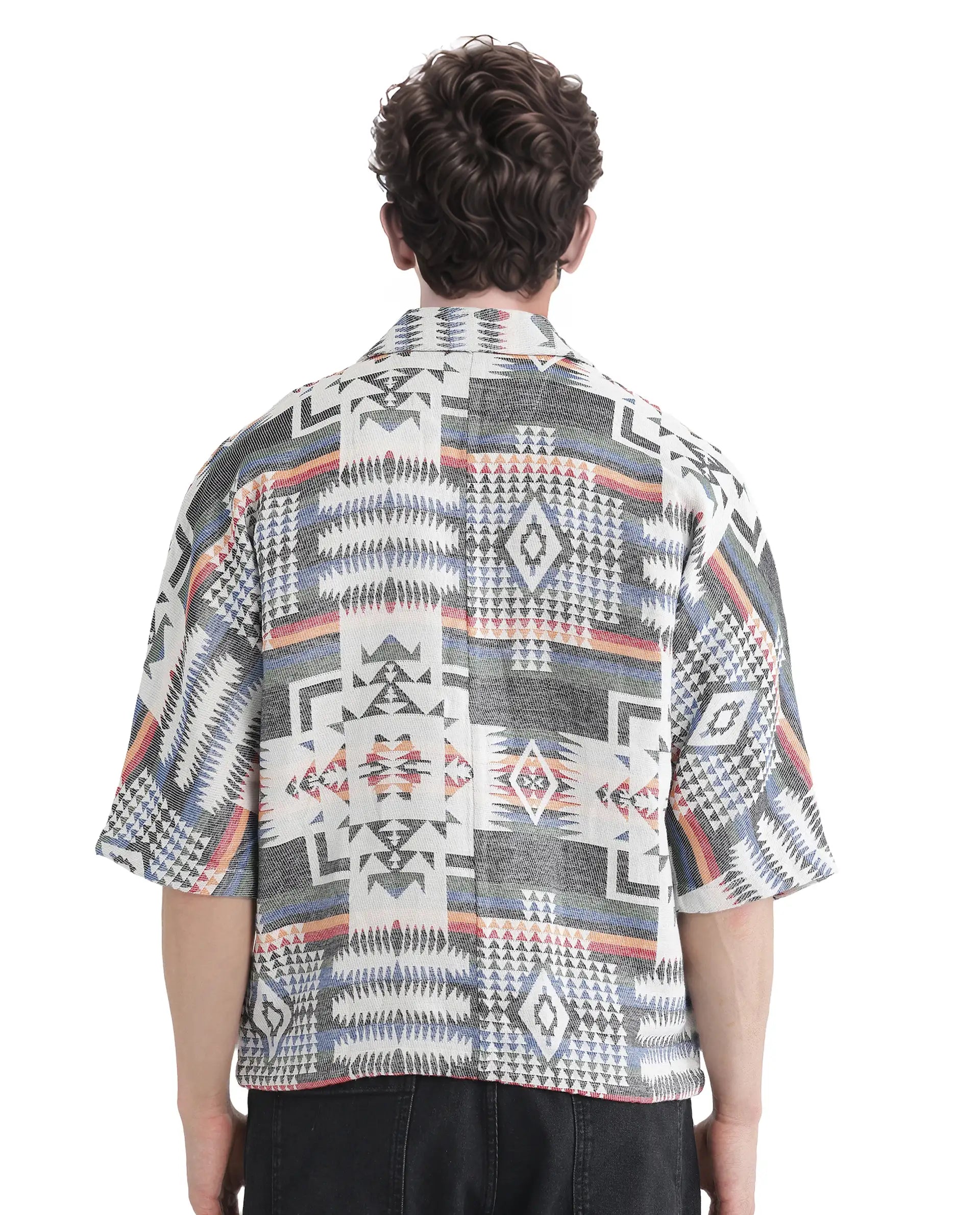 Rare Rabbit Men's Merton White Cotton Fabric Short Sleeve Collared Neck Button Closure Jacquard Shirt