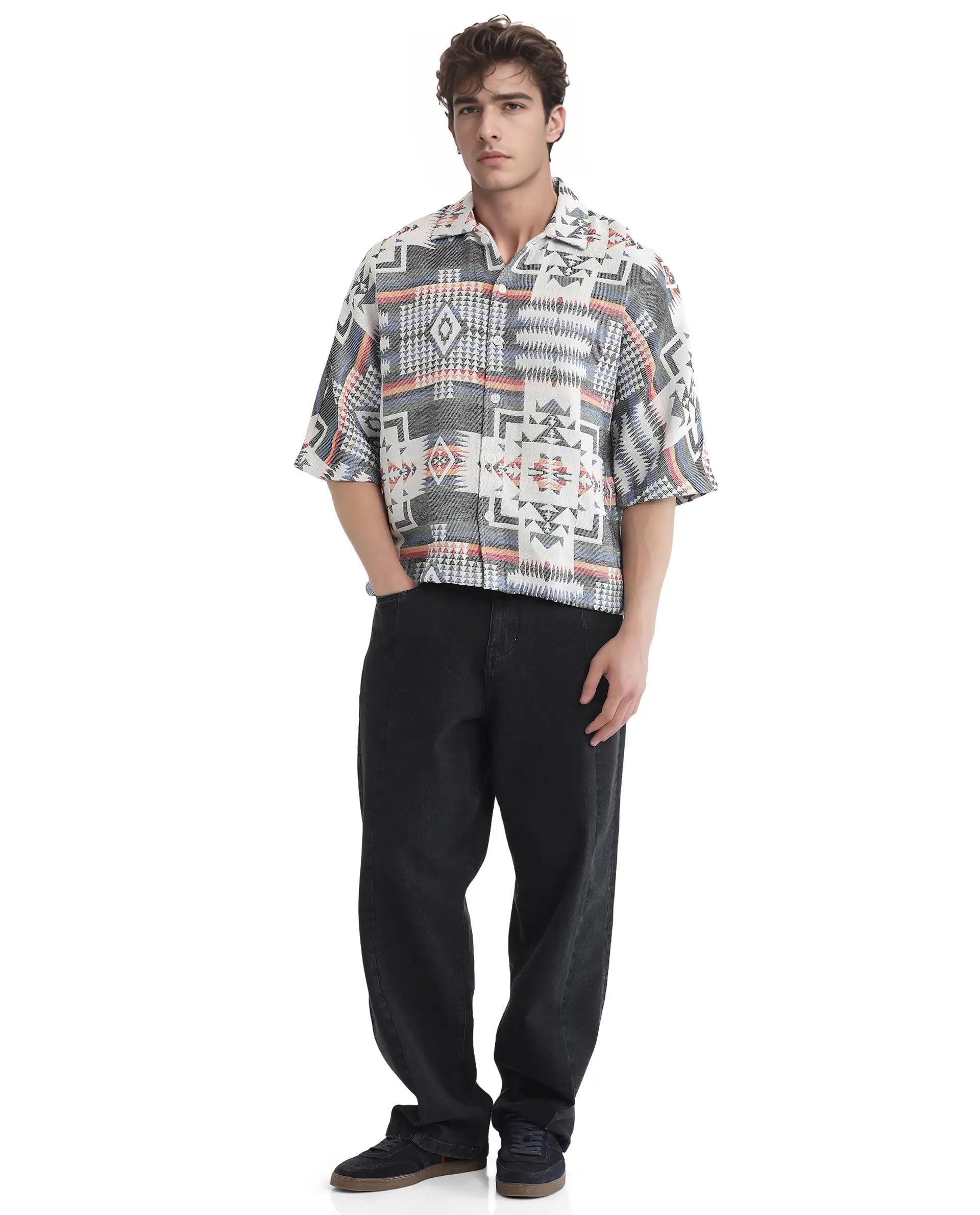 Rare Rabbit Men's Merton White Cotton Fabric Short Sleeve Collared Neck Button Closure Jacquard Shirt