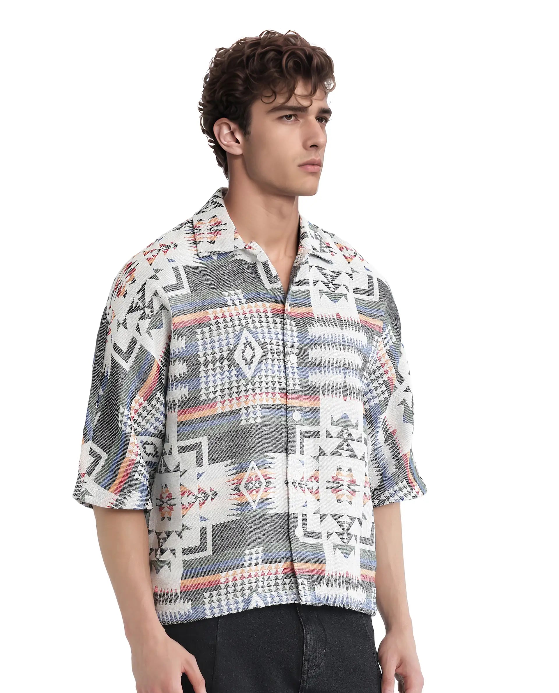 Rare Rabbit Men's Merton White Cotton Fabric Short Sleeve Collared Neck Button Closure Jacquard Shirt