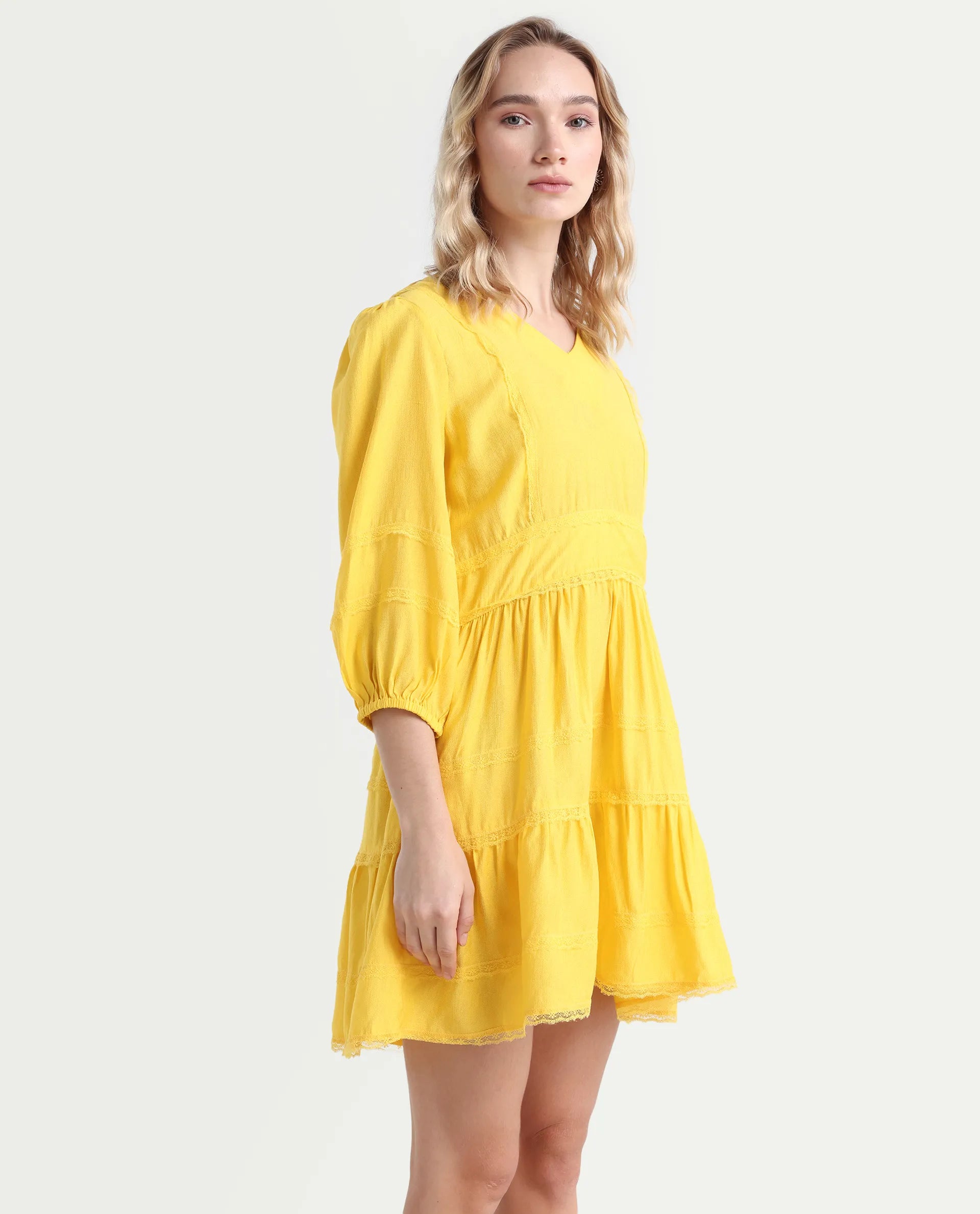 Rareism Women's Meruf Yellow Polyester Blend V-Neck Plain Balloon Sleeve Mini Regular Fit Dress