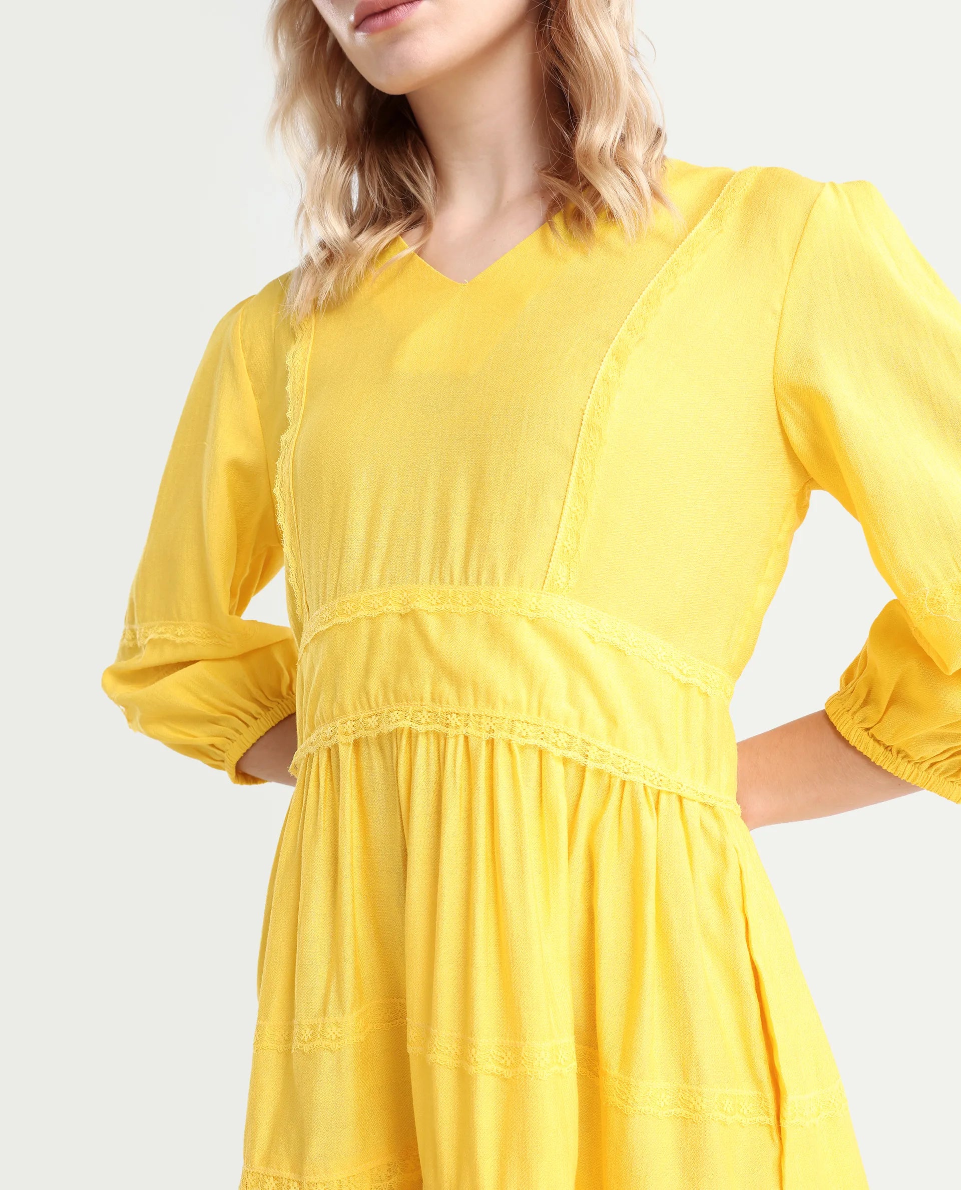 Rareism Women's Meruf Yellow Polyester Blend V-Neck Plain Balloon Sleeve Mini Regular Fit Dress