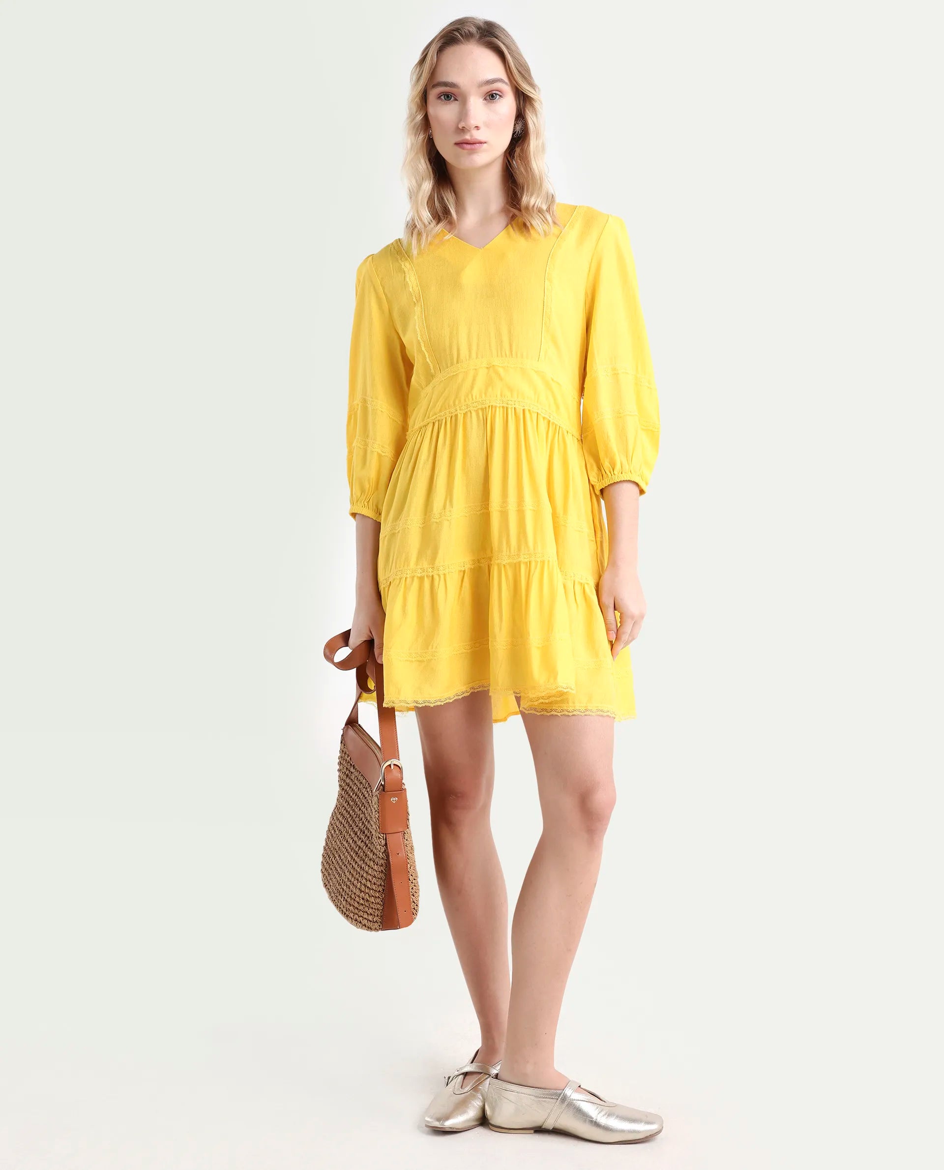 Rareism Women's Meruf Yellow Polyester Blend V-Neck Plain Balloon Sleeve Mini Regular Fit Dress