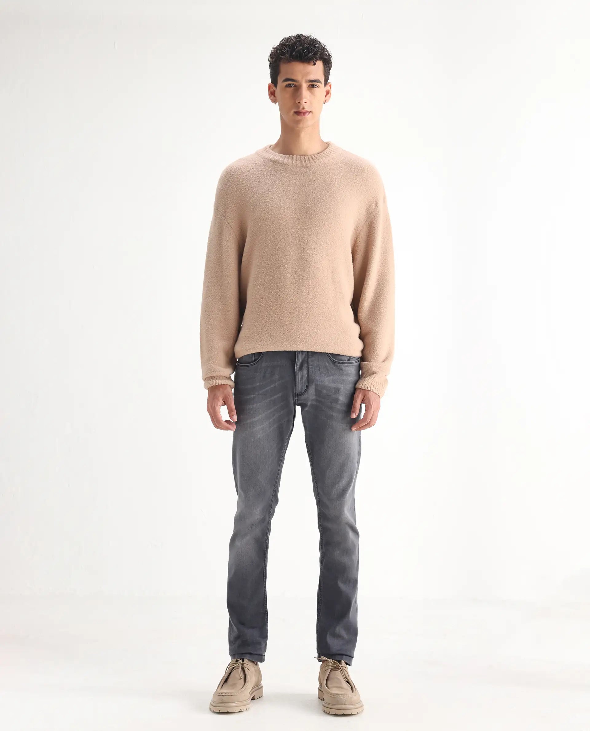 Rare Rabbit Men's Mesa Grey Cotton Blend Plain Hawk Slim Fit Jeans