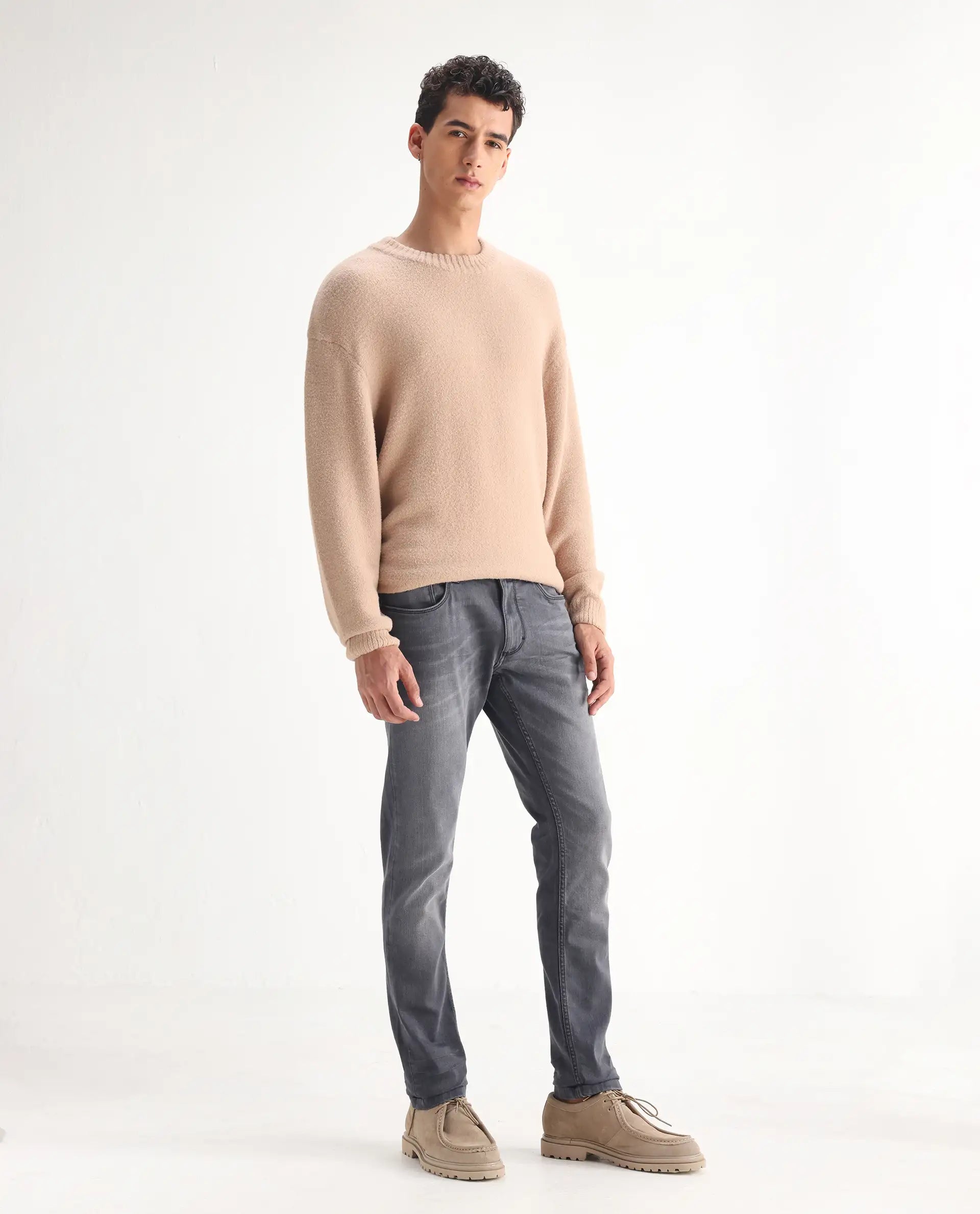 Rare Rabbit Men's Mesa Grey Cotton Blend Plain Hawk Slim Fit Jeans