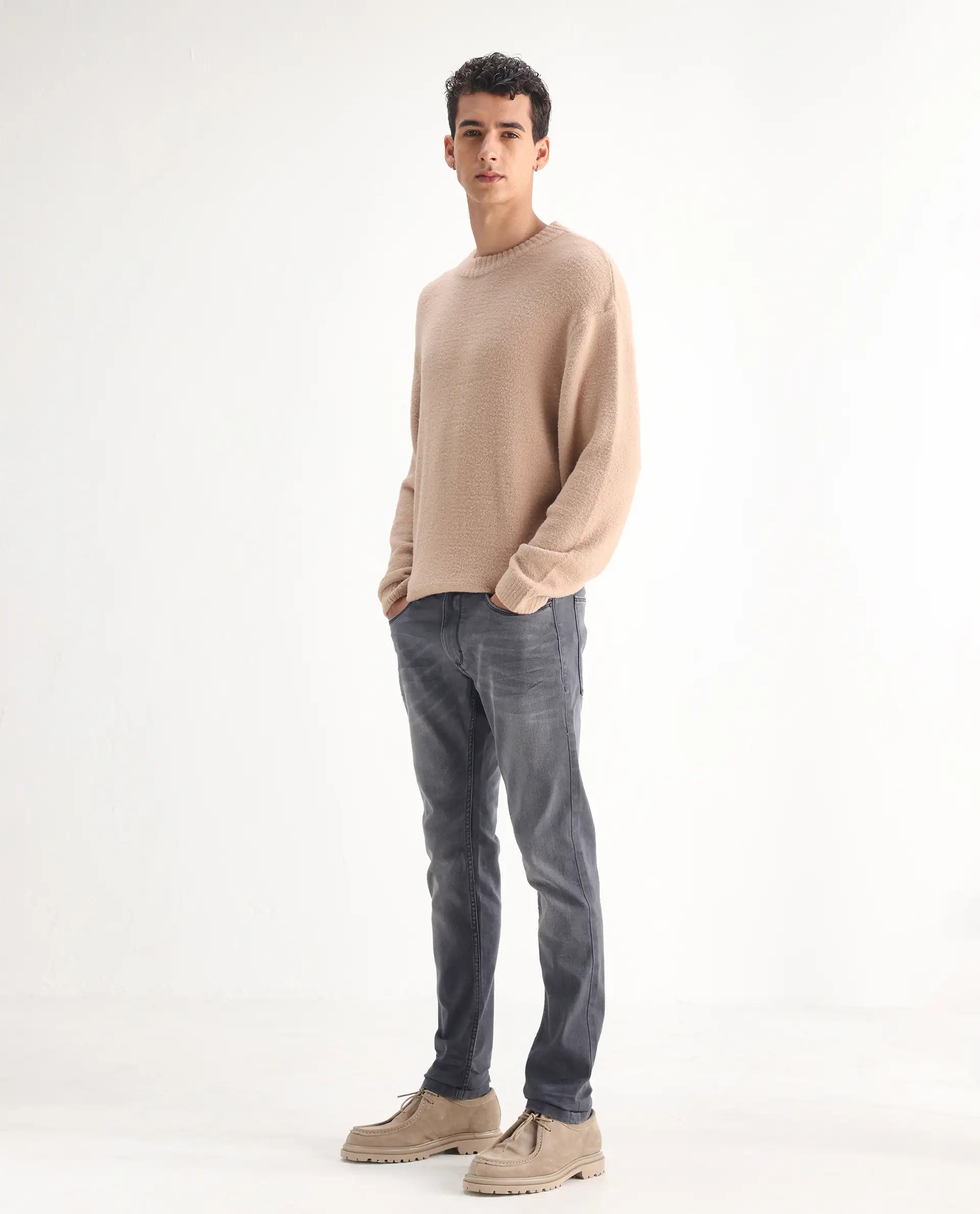 Rare Rabbit Men's Mesa Grey Cotton Blend Plain Hawk Slim Fit Jeans