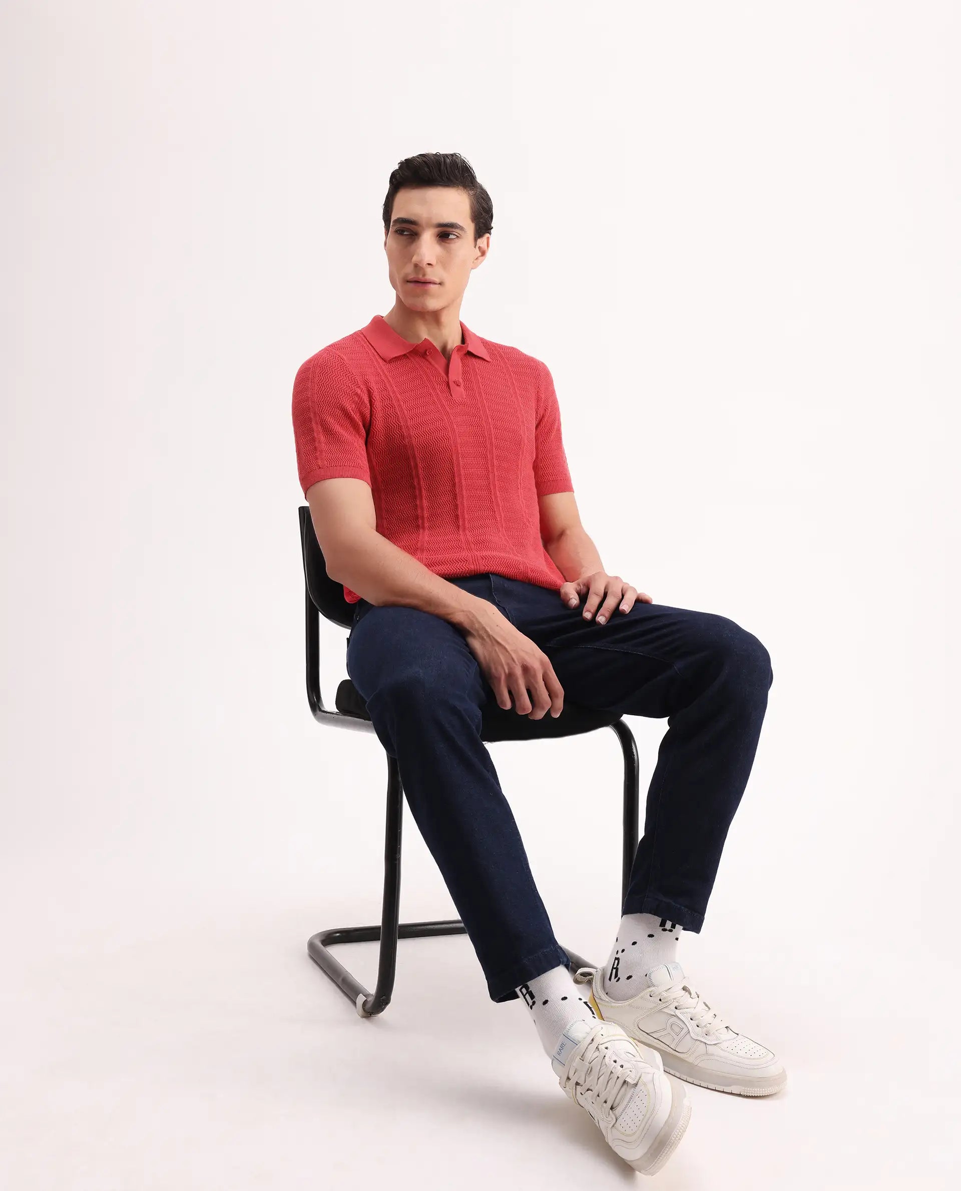 Rare Rabbit Men's Mesk Orange Cotton Textured Regular Fit Half Sleeve Polo