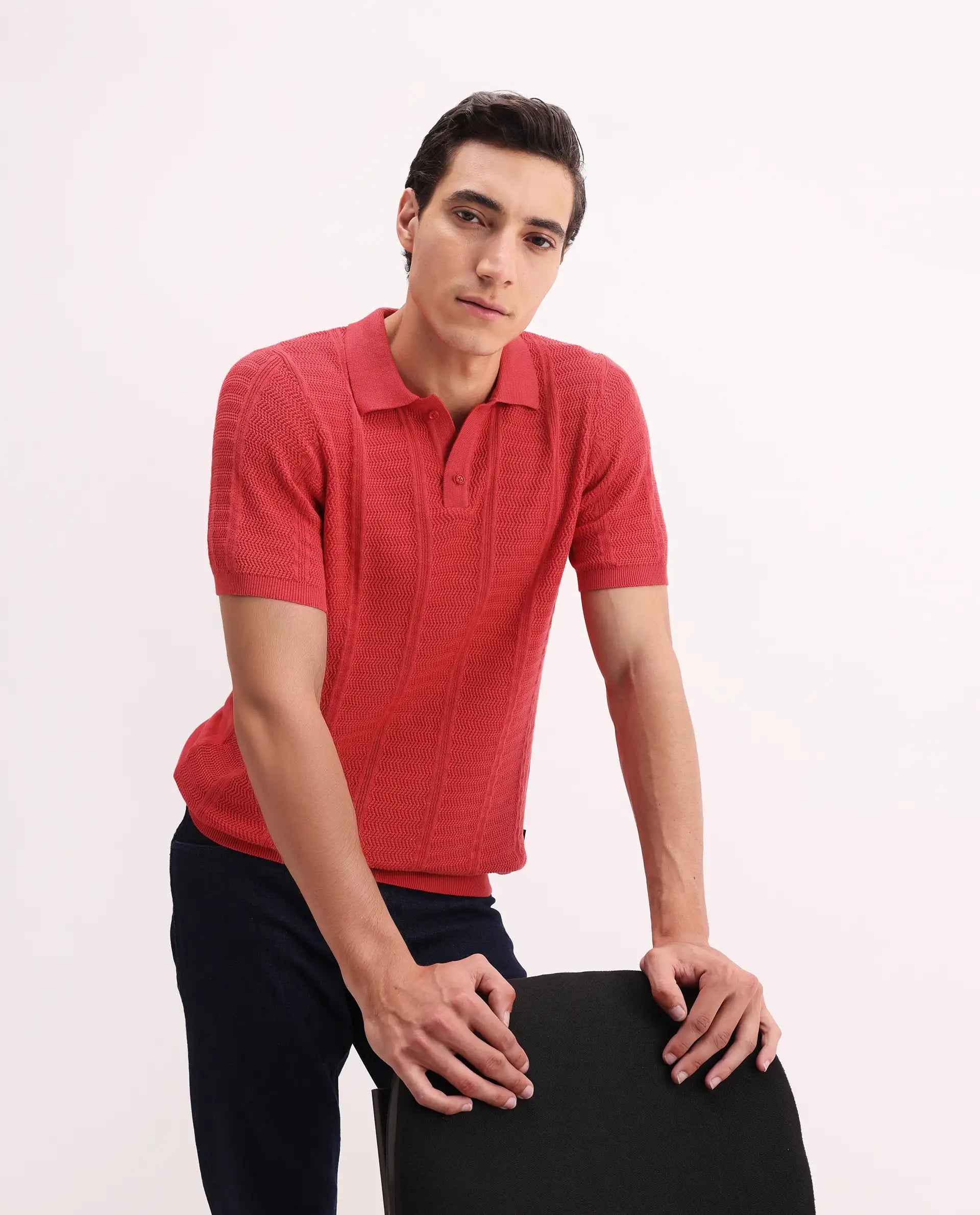 Rare Rabbit Men's Mesk Orange Cotton Textured Regular Fit Half Sleeve Polo