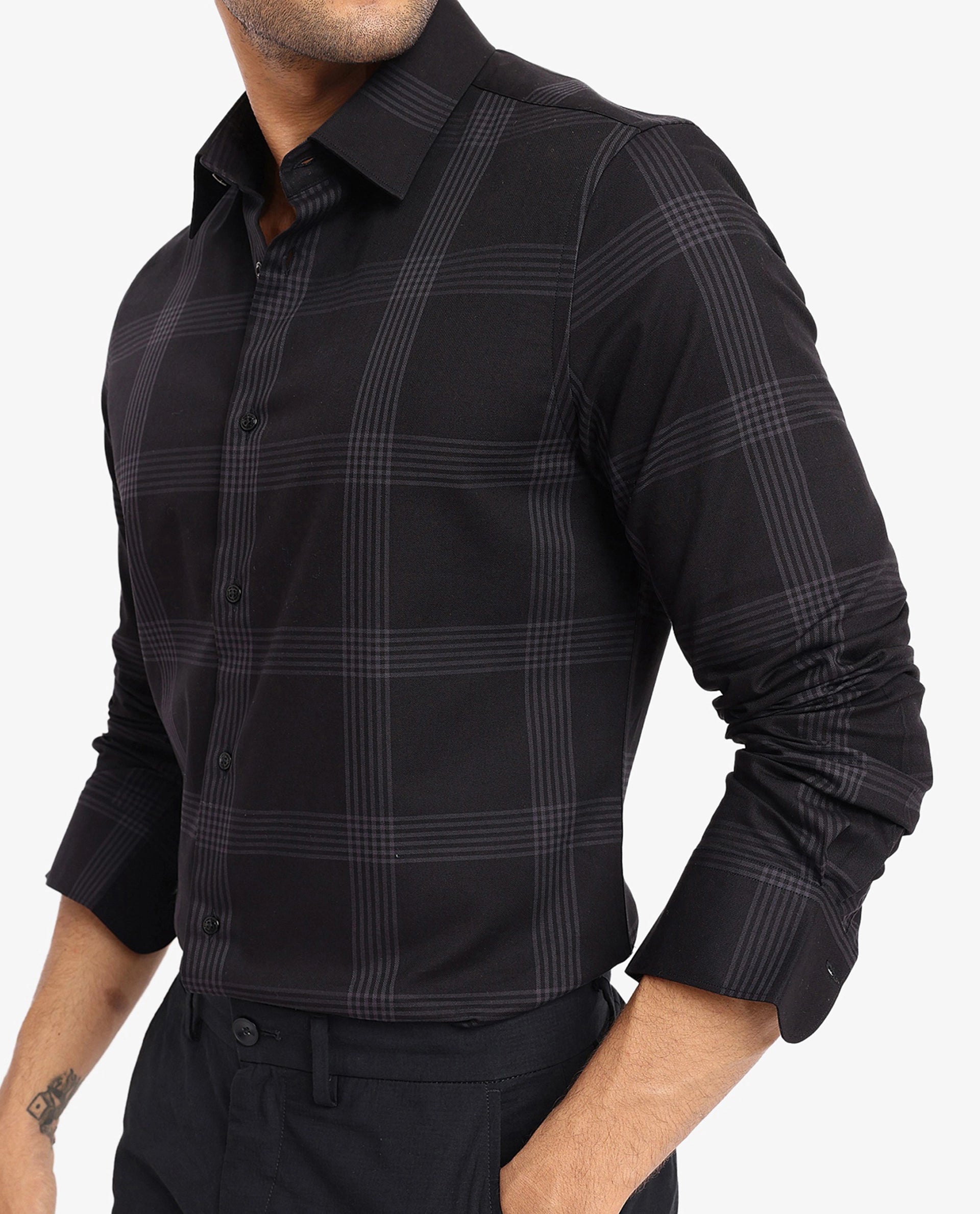 Rare Rabbit Men Mestor Black Full Sleeve Regular Collar Button Closure Regular Fit Checks Shirt