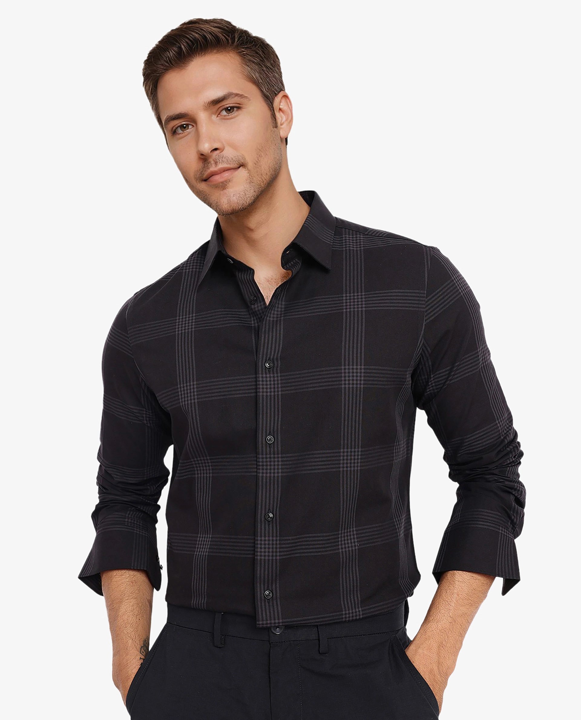 Rare Rabbit Men Mestor Black Full Sleeve Regular Collar Button Closure Regular Fit Checks Shirt