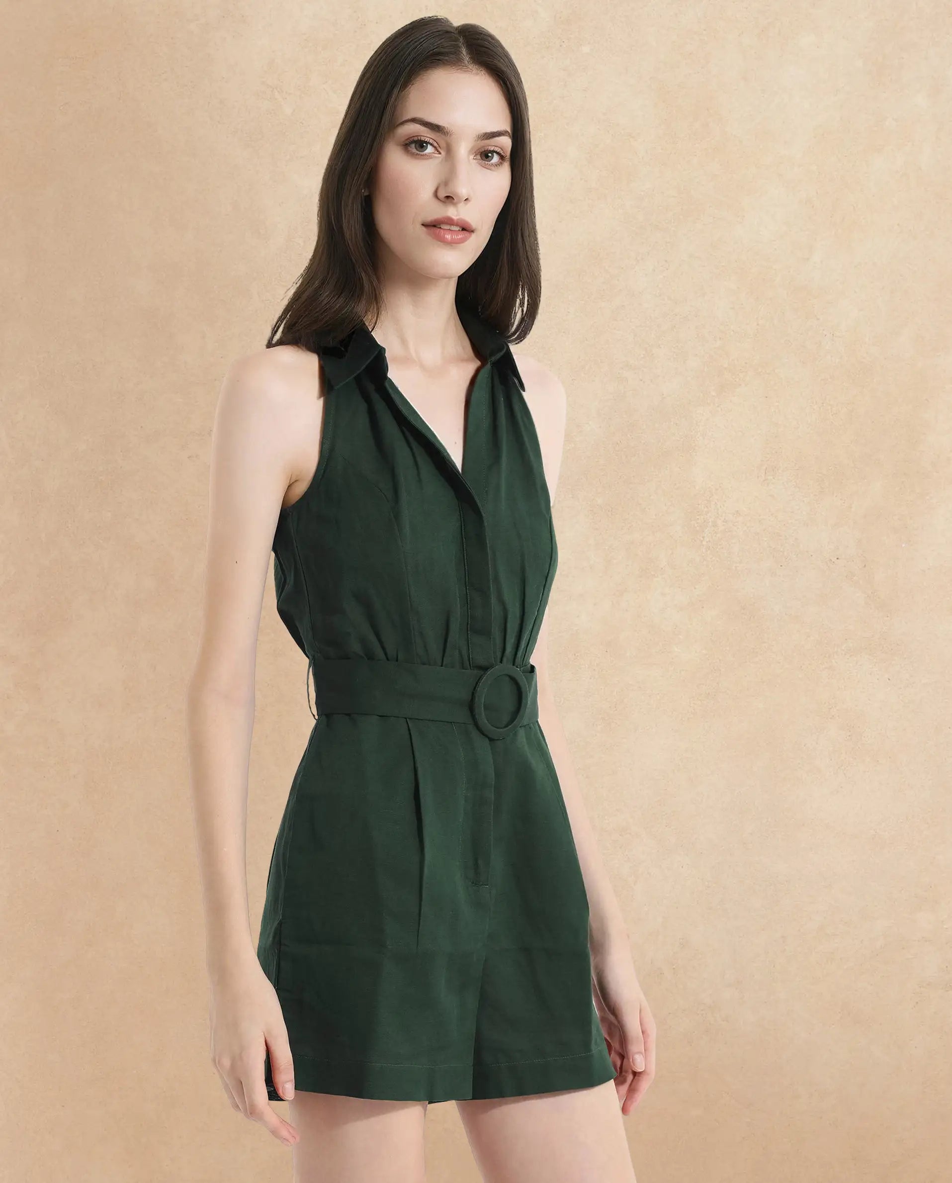 Rareism Women Messina Light Green Sleeveless Halter Neck Button Plain Mini Dress