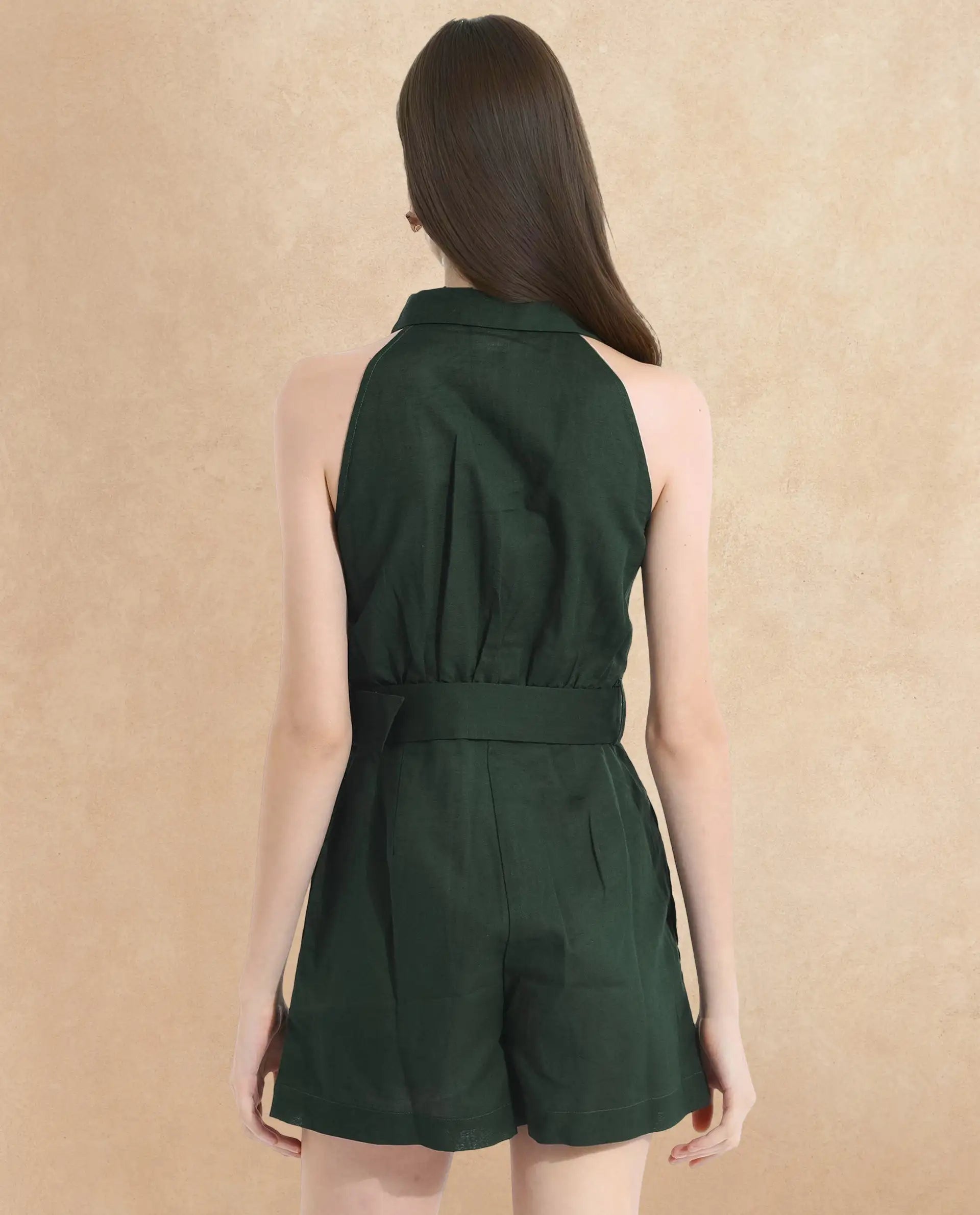 Rareism Women Messina Light Green Sleeveless Halter Neck Button Plain Mini Dress