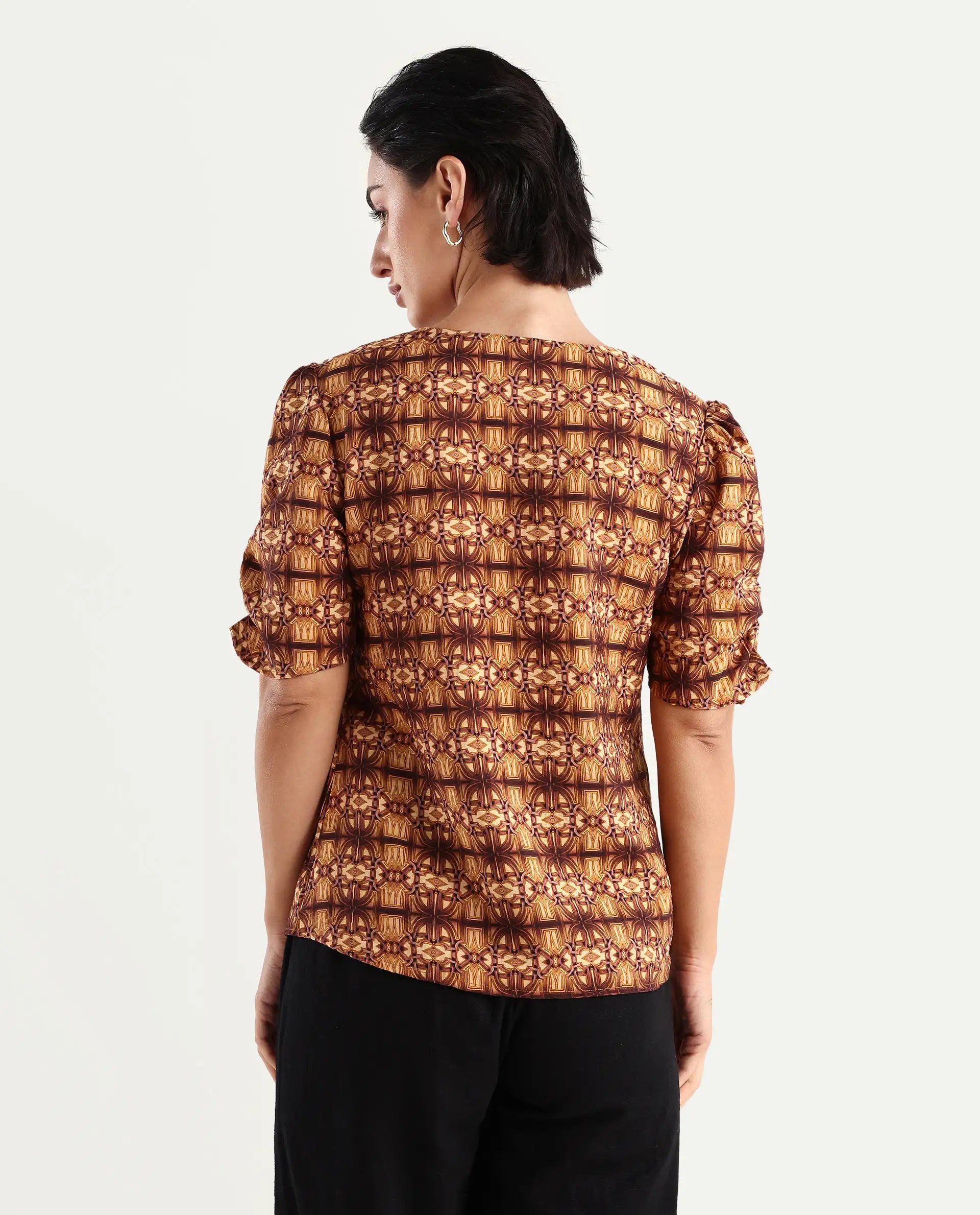 Rareism Women's Messo Light Brown Nylon Blend V-Neck Abstract Print Puff Sleeves Regular Fit Top