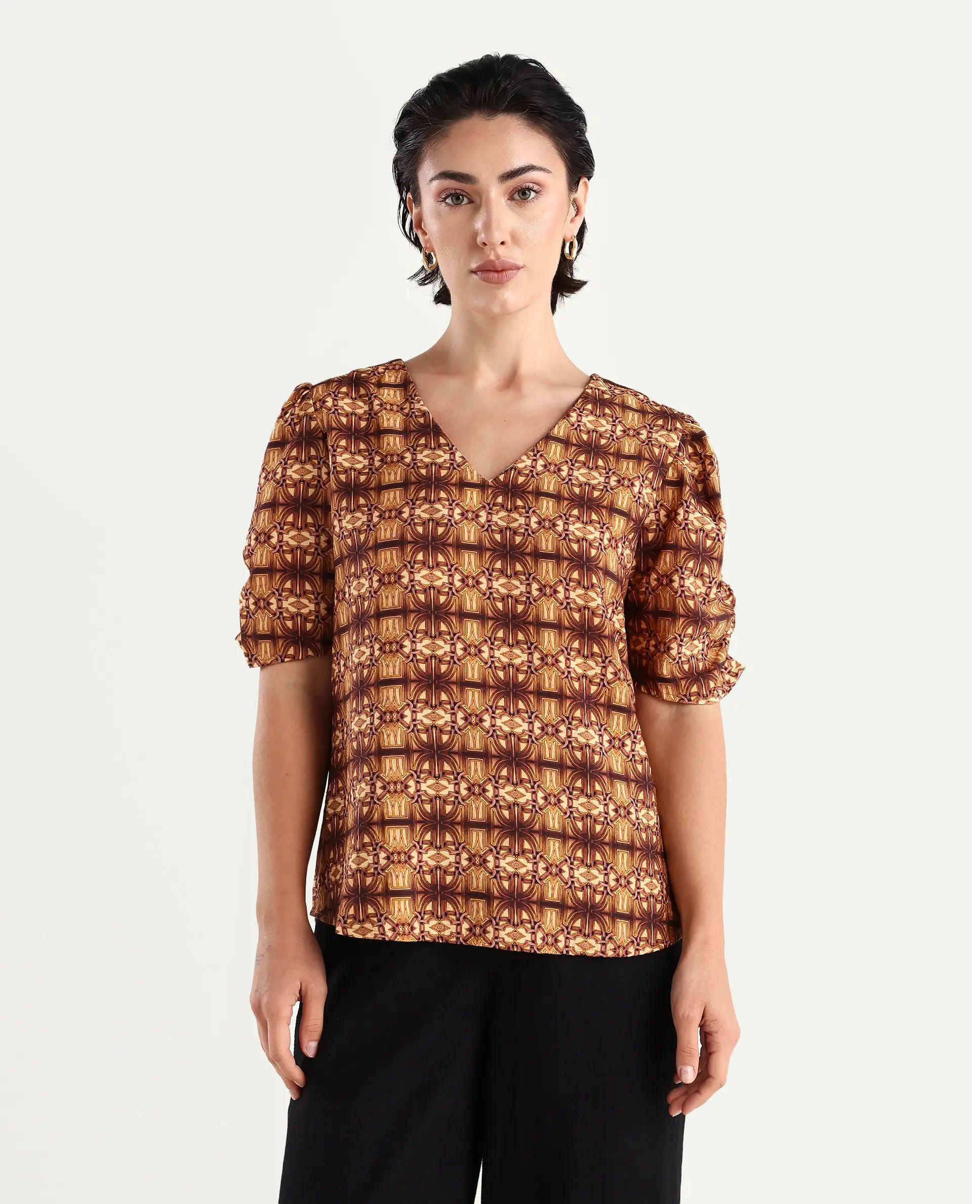Rareism Women's Messo Light Brown Nylon Blend V-Neck Abstract Print Puff Sleeves Regular Fit Top