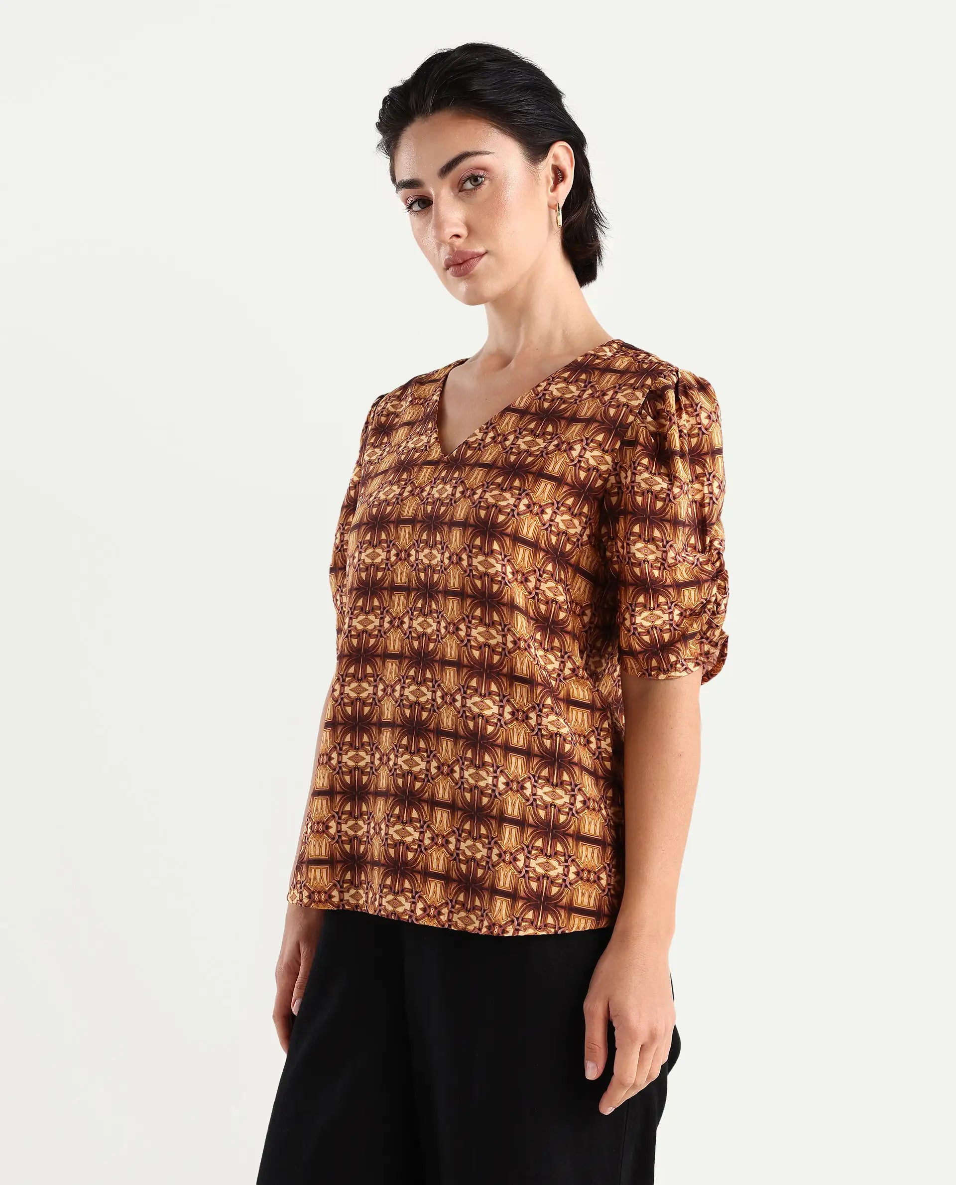 Rareism Women's Messo Light Brown Nylon Blend V-Neck Abstract Print Puff Sleeves Regular Fit Top