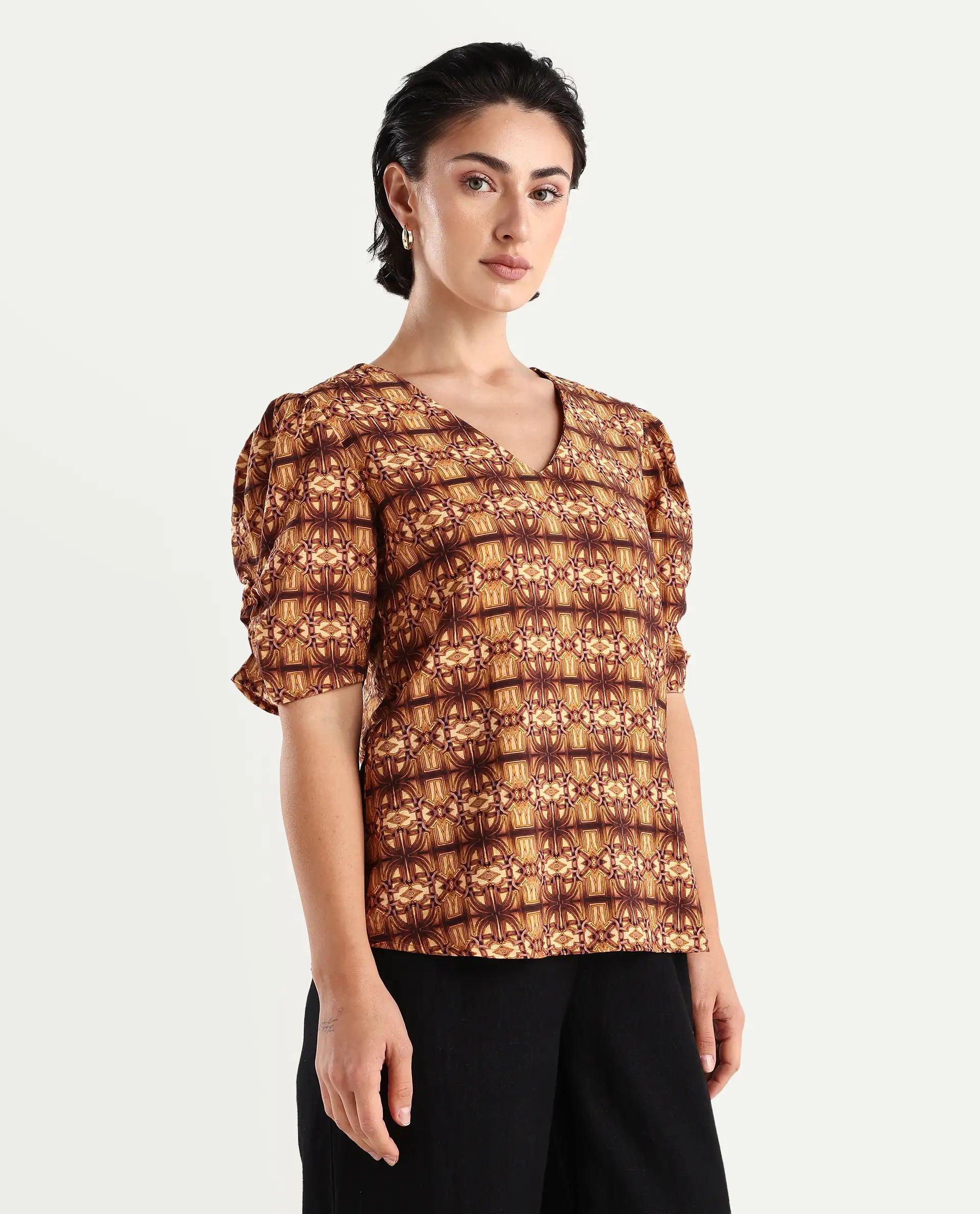 Rareism Women's Messo Light Brown Nylon Blend V-Neck Abstract Print Puff Sleeves Regular Fit Top