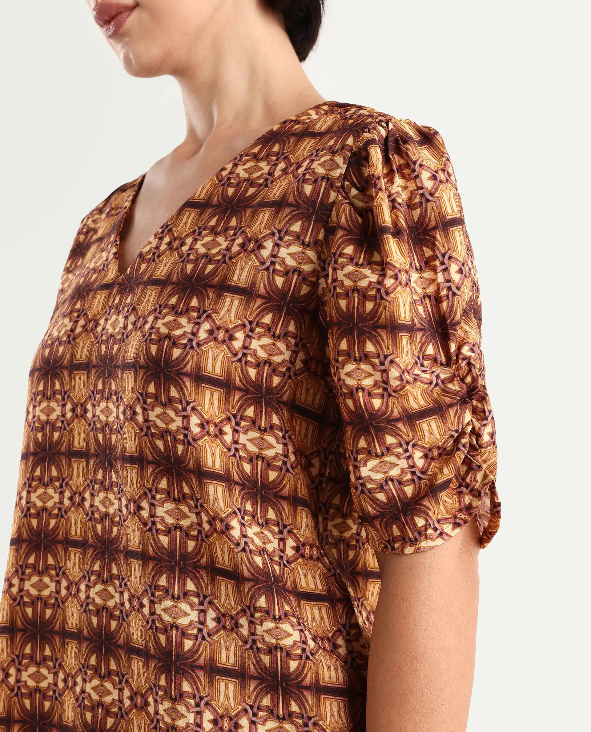 Rareism Women's Messo Light Brown Nylon Blend V-Neck Abstract Print Puff Sleeves Regular Fit Top