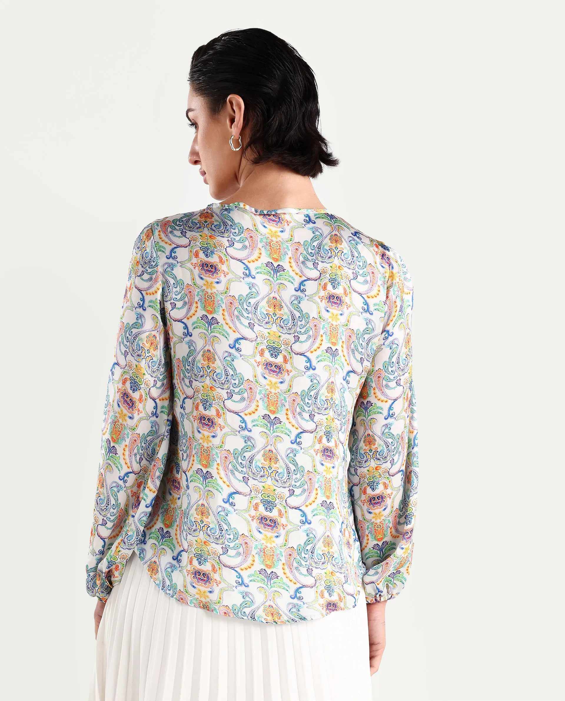 Rareism Women's Mester Multi Polyester Tie-Up Neck Paisley Print Bishop Sleeve Regular Fit Top