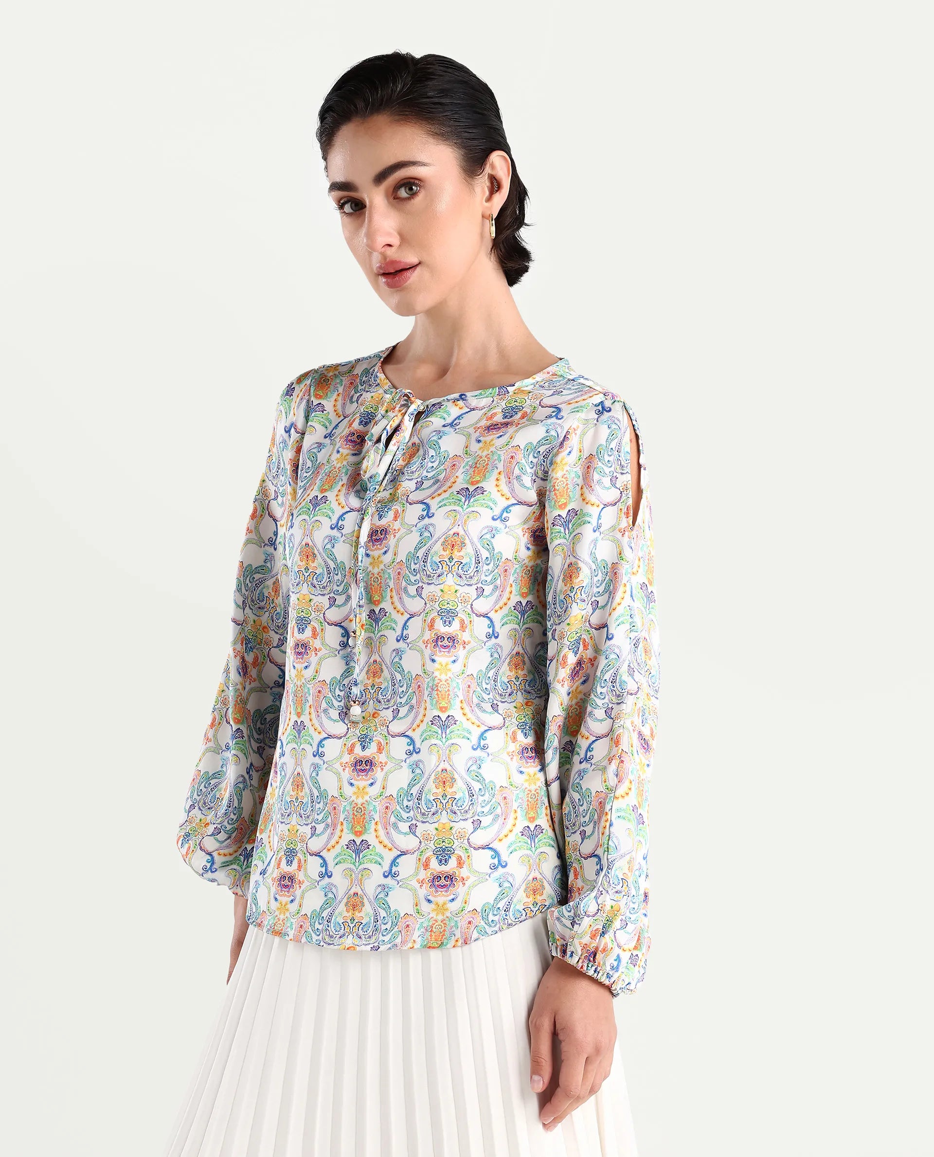 Rareism Women's Mester Multi Polyester Tie-Up Neck Paisley Print Bishop Sleeve Regular Fit Top