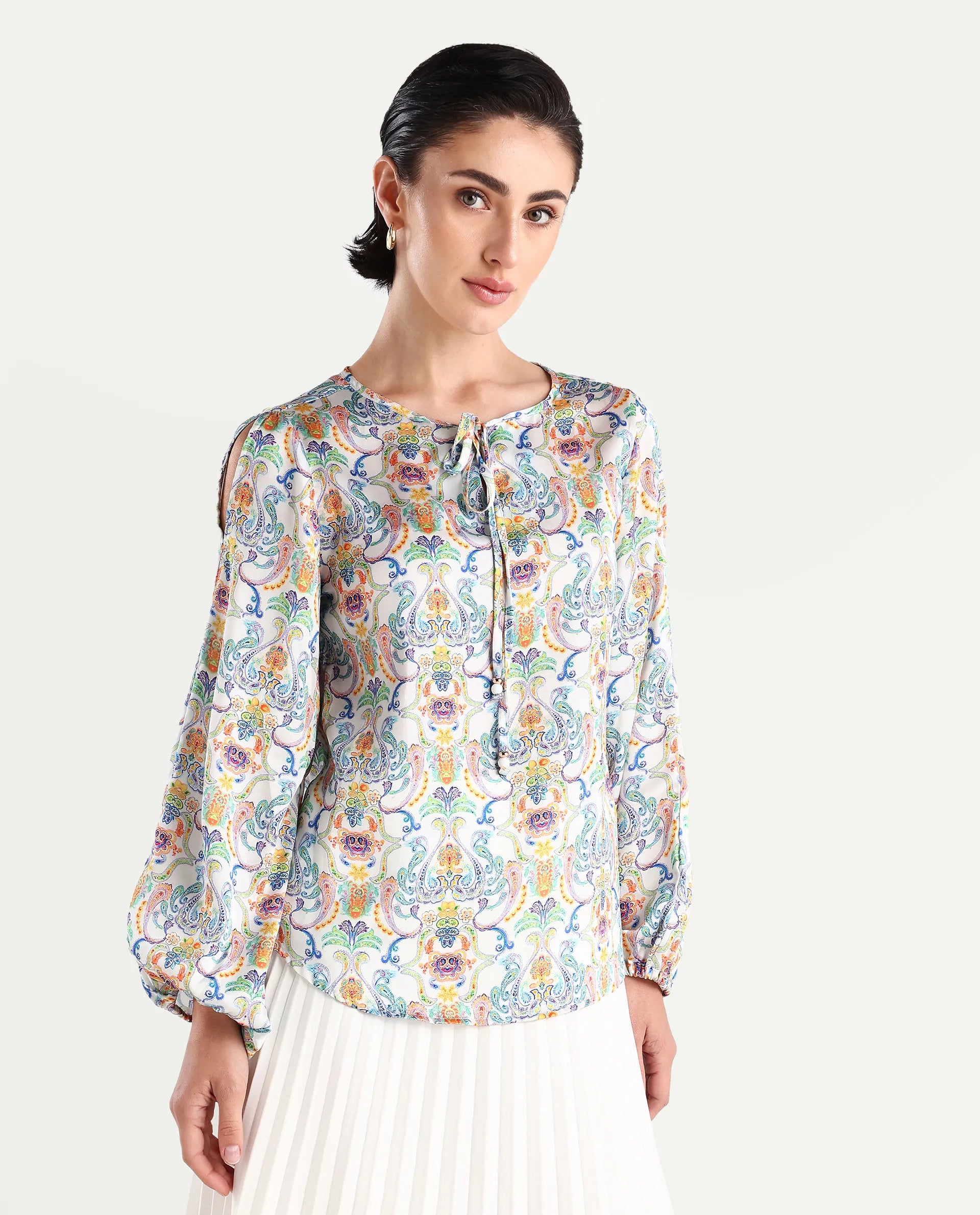 Rareism Women's Mester Multi Polyester Tie-Up Neck Paisley Print Bishop Sleeve Regular Fit Top