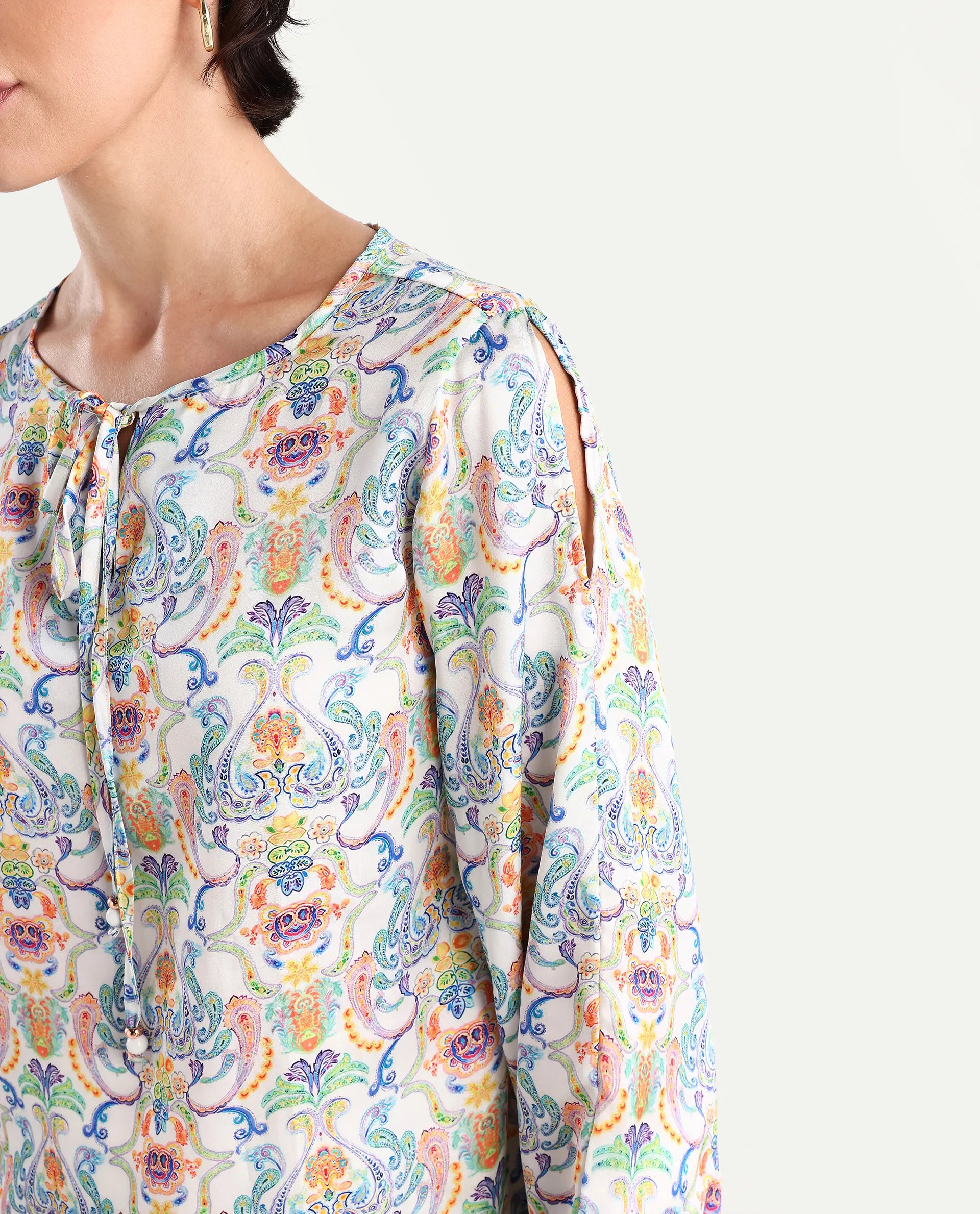 Rareism Women's Mester Multi Polyester Tie-Up Neck Paisley Print Bishop Sleeve Regular Fit Top