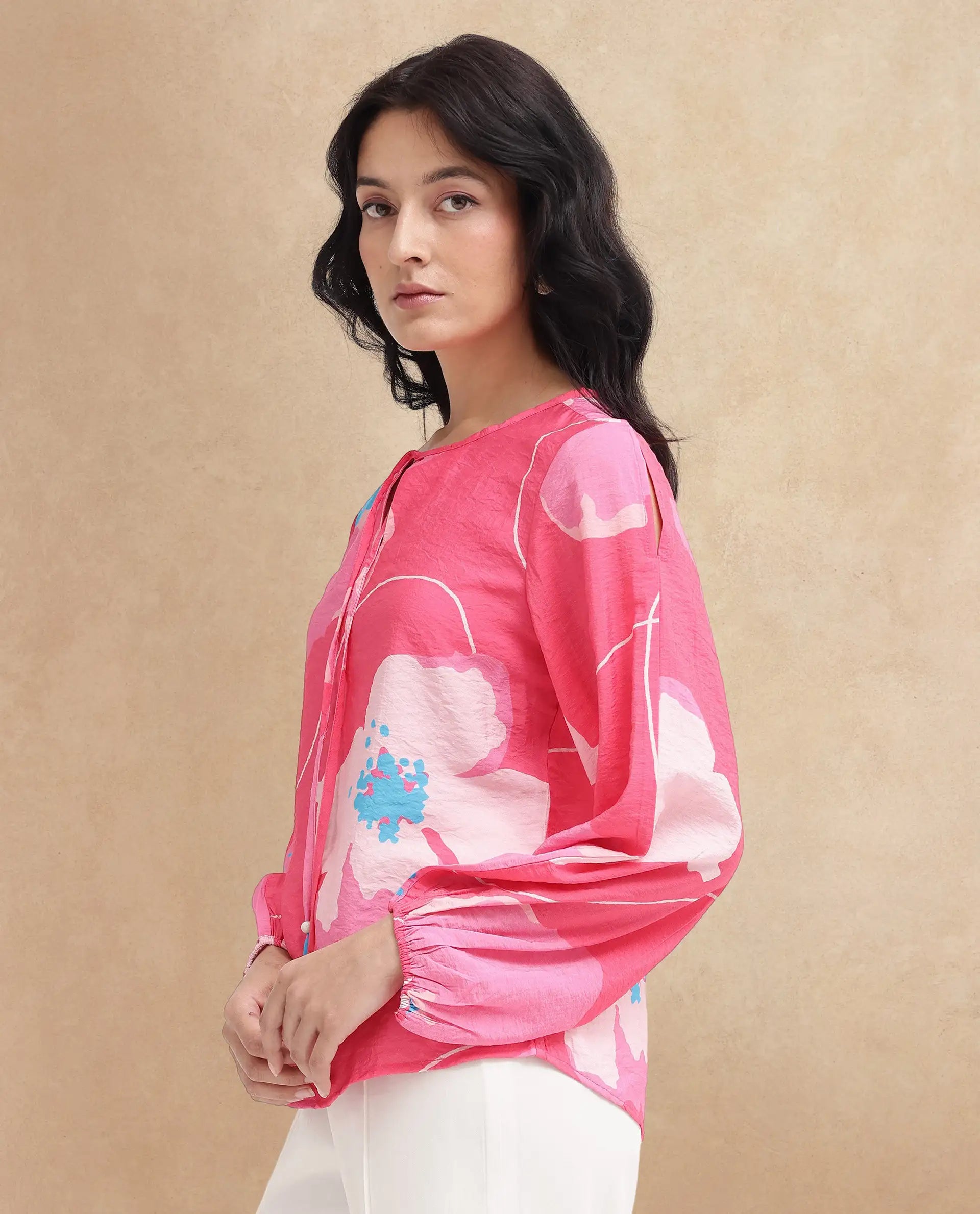 Rareism Women Mestero Pink Bishop Sleeve Tie Up Neck Floral Print Top