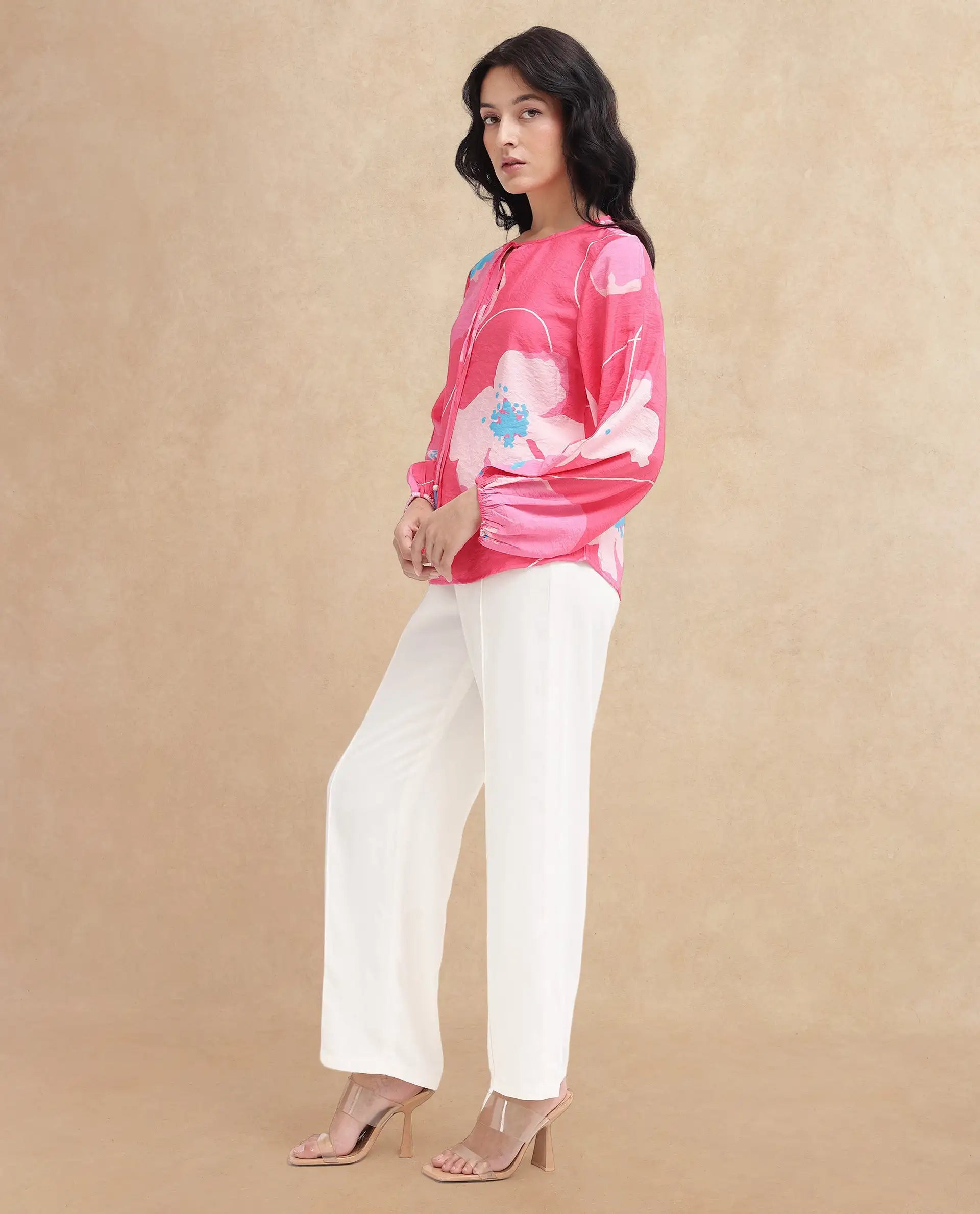 Rareism Women Mestero Pink Bishop Sleeve Tie Up Neck Floral Print Top