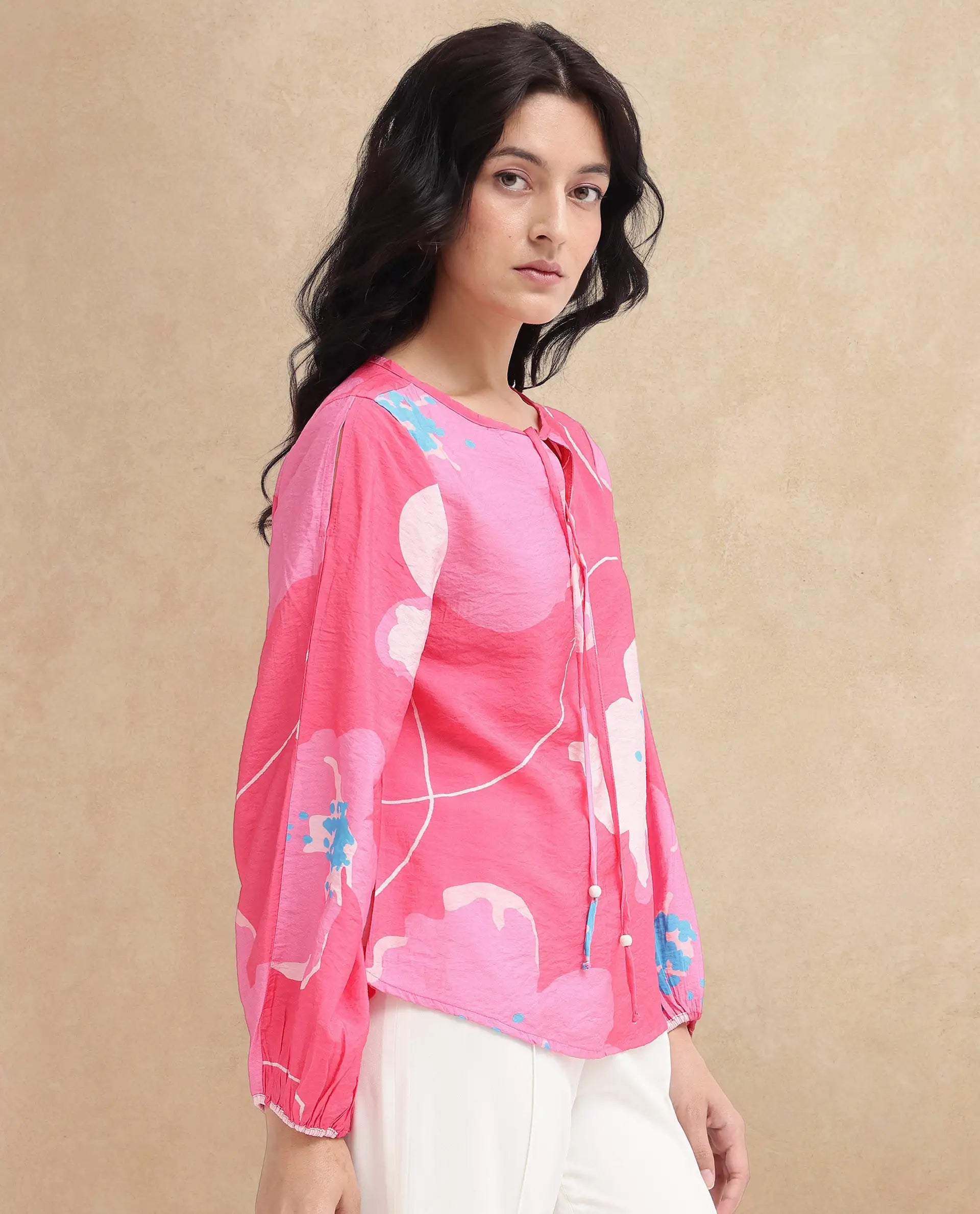 Rareism Women Mestero Pink Bishop Sleeve Tie Up Neck Floral Print Top