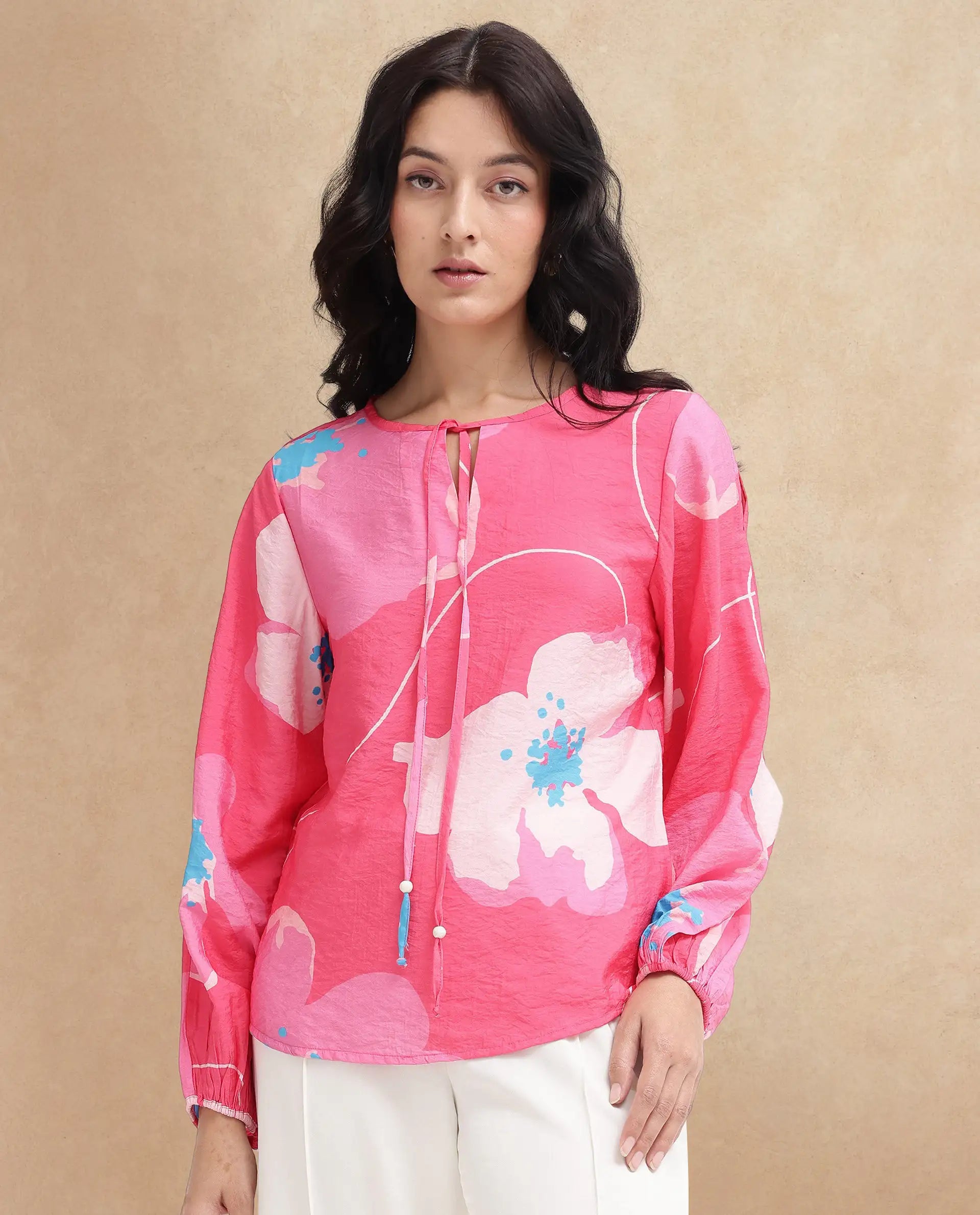 Rareism Women Mestero Pink Bishop Sleeve Tie Up Neck Floral Print Top