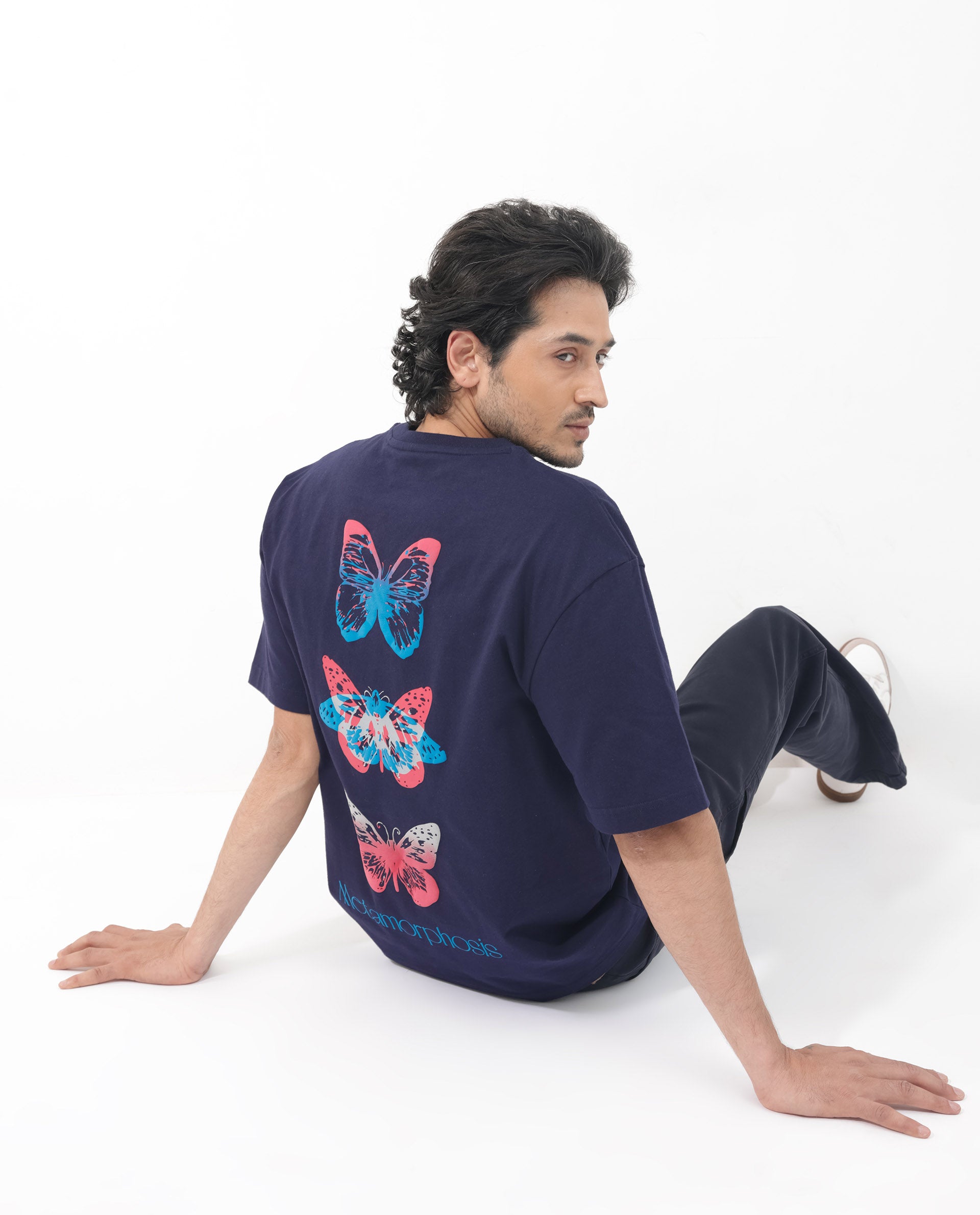 Rare Rabbit Articale Men's Meta Navy Cotton Polyester Fabric Crew Neck Oversized Fit Knit Graphic Print T-Shirt