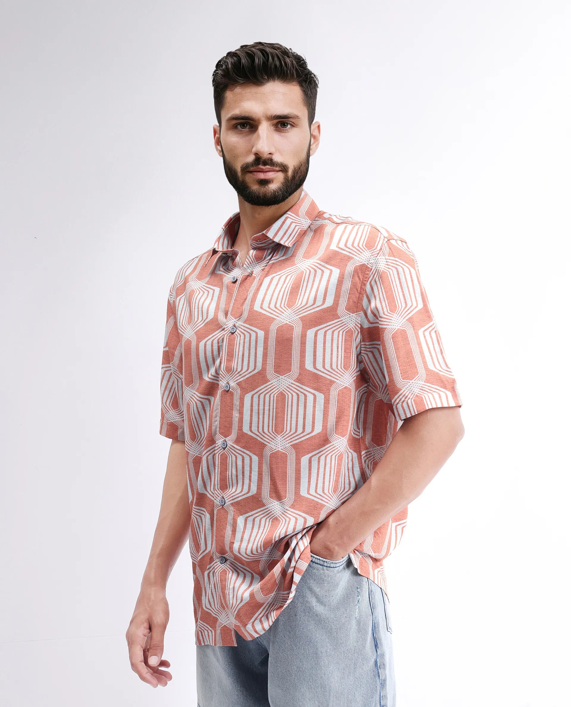 Rare Rabbit Men's Met Brown Viscose Geometric Print Regular Fit Half Sleeve Collared Shirt