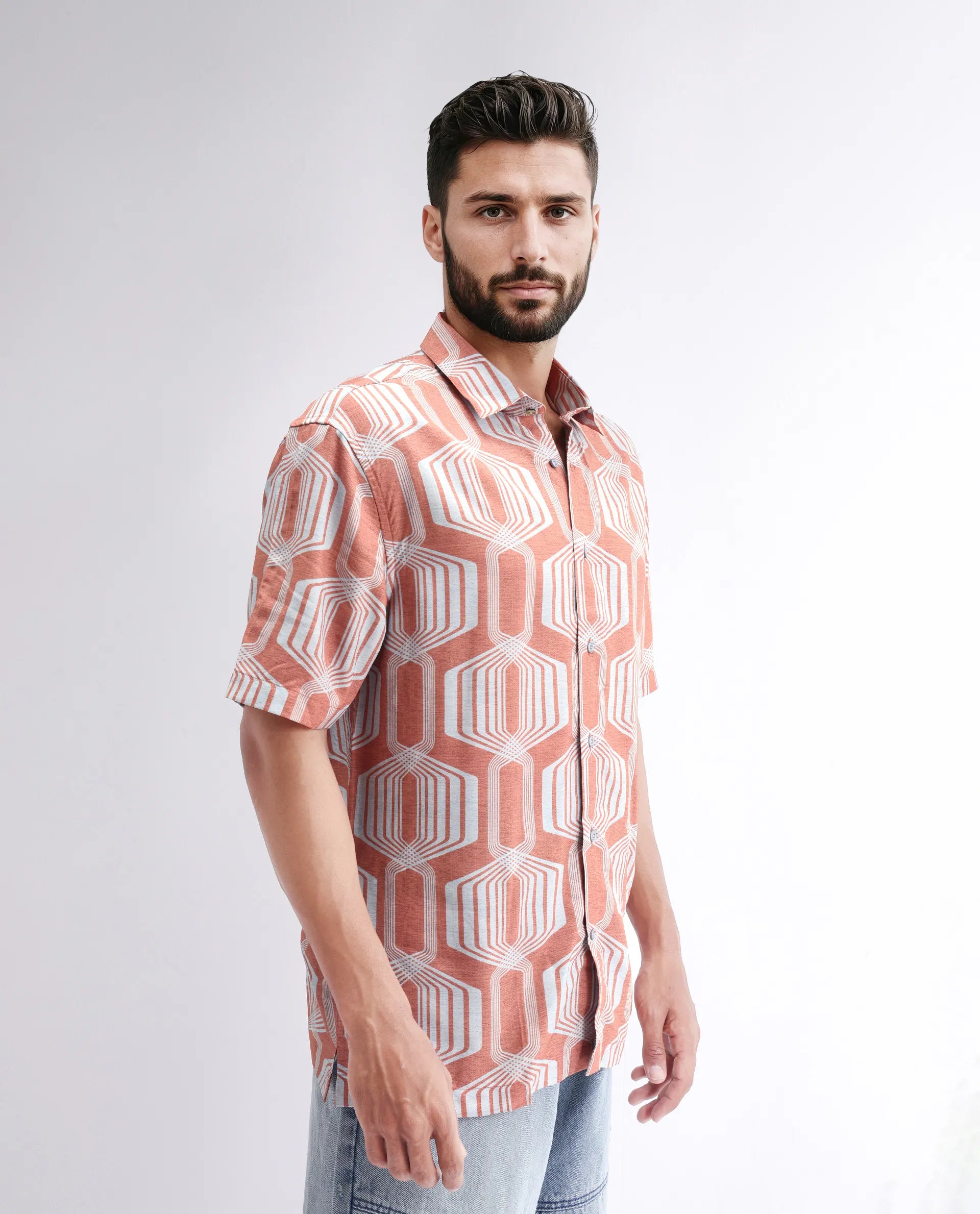 Rare Rabbit Men's Met Brown Viscose Geometric Print Regular Fit Half Sleeve Collared Shirt