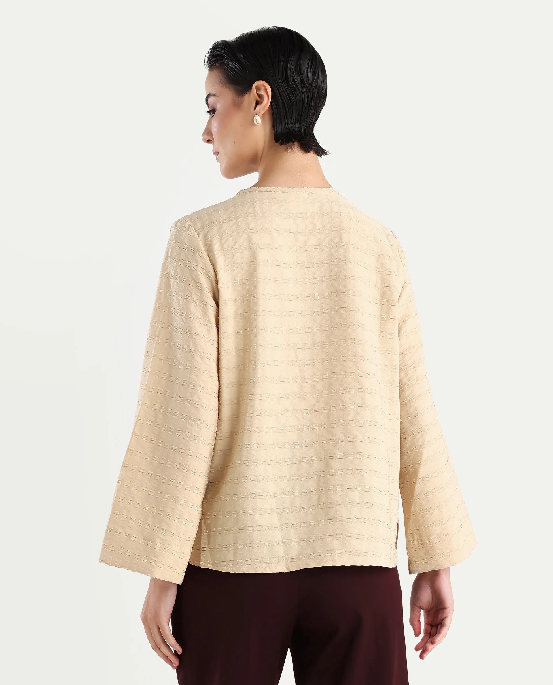 Rareism Women's Metio Light Beige Polyester Blend Tie-Up Neck Plain Relaxed Fit Top