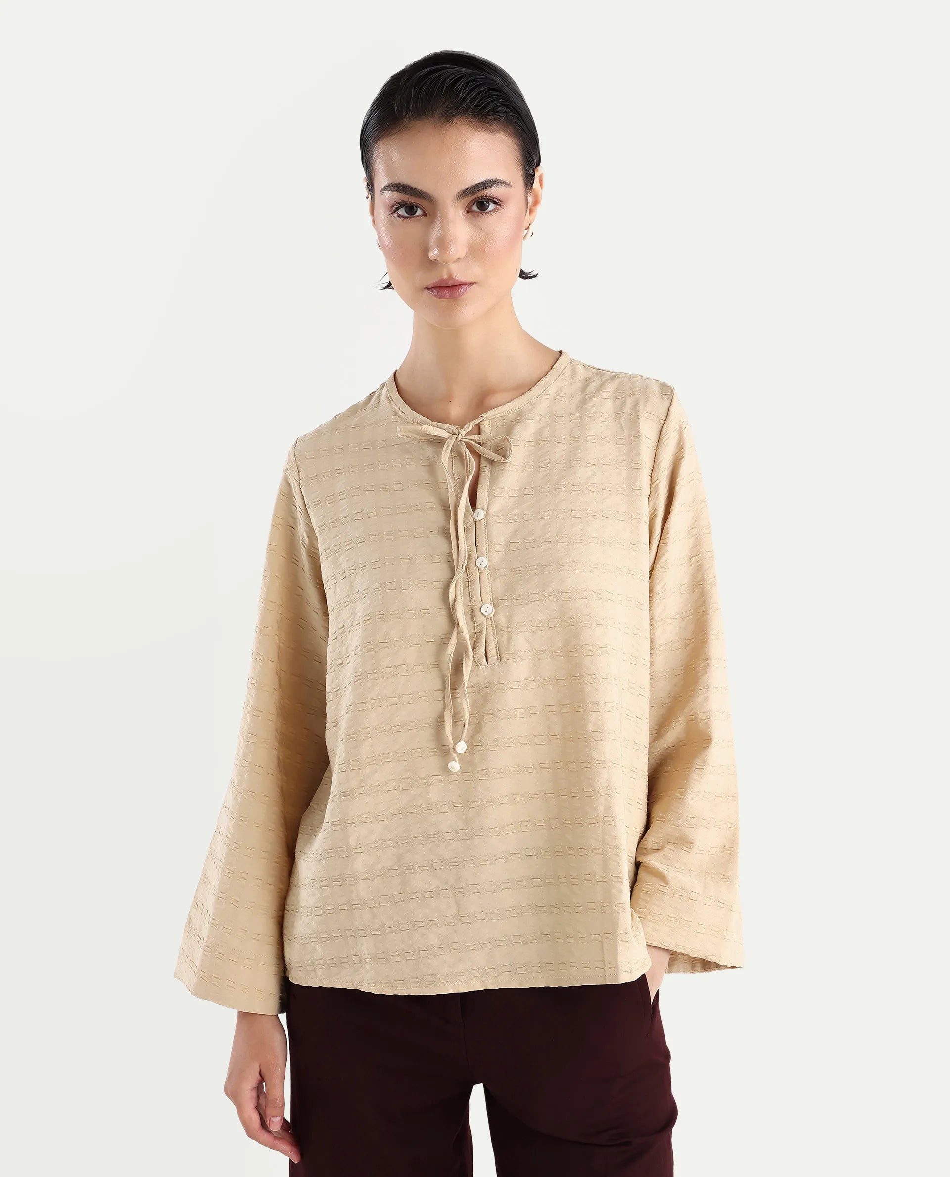 Rareism Women's Metio Light Beige Polyester Blend Tie-Up Neck Plain Relaxed Fit Top