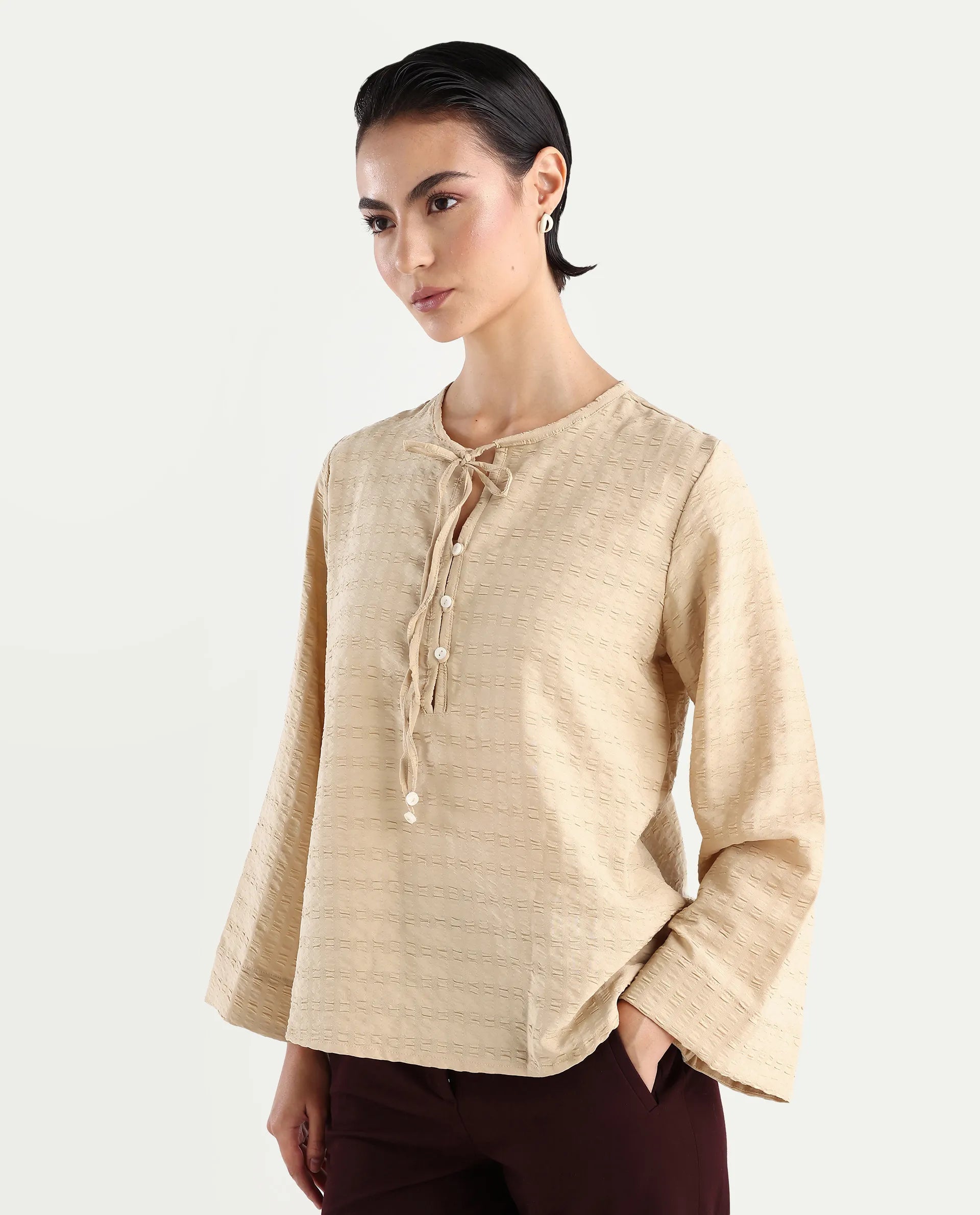 Rareism Women's Metio Light Beige Polyester Blend Tie-Up Neck Plain Relaxed Fit Top